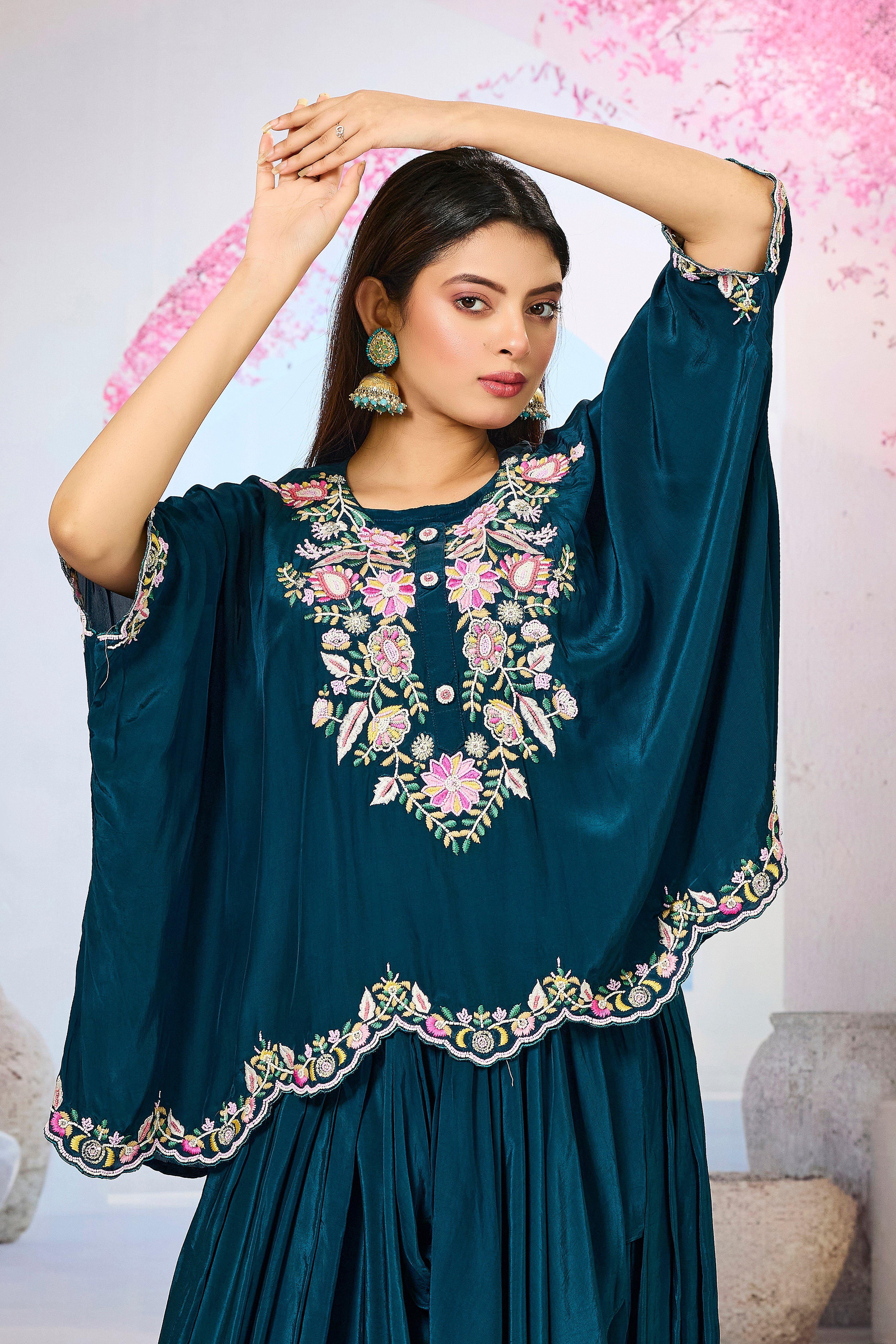 Deep Teal Embellished Crepe Silk Skirt Set