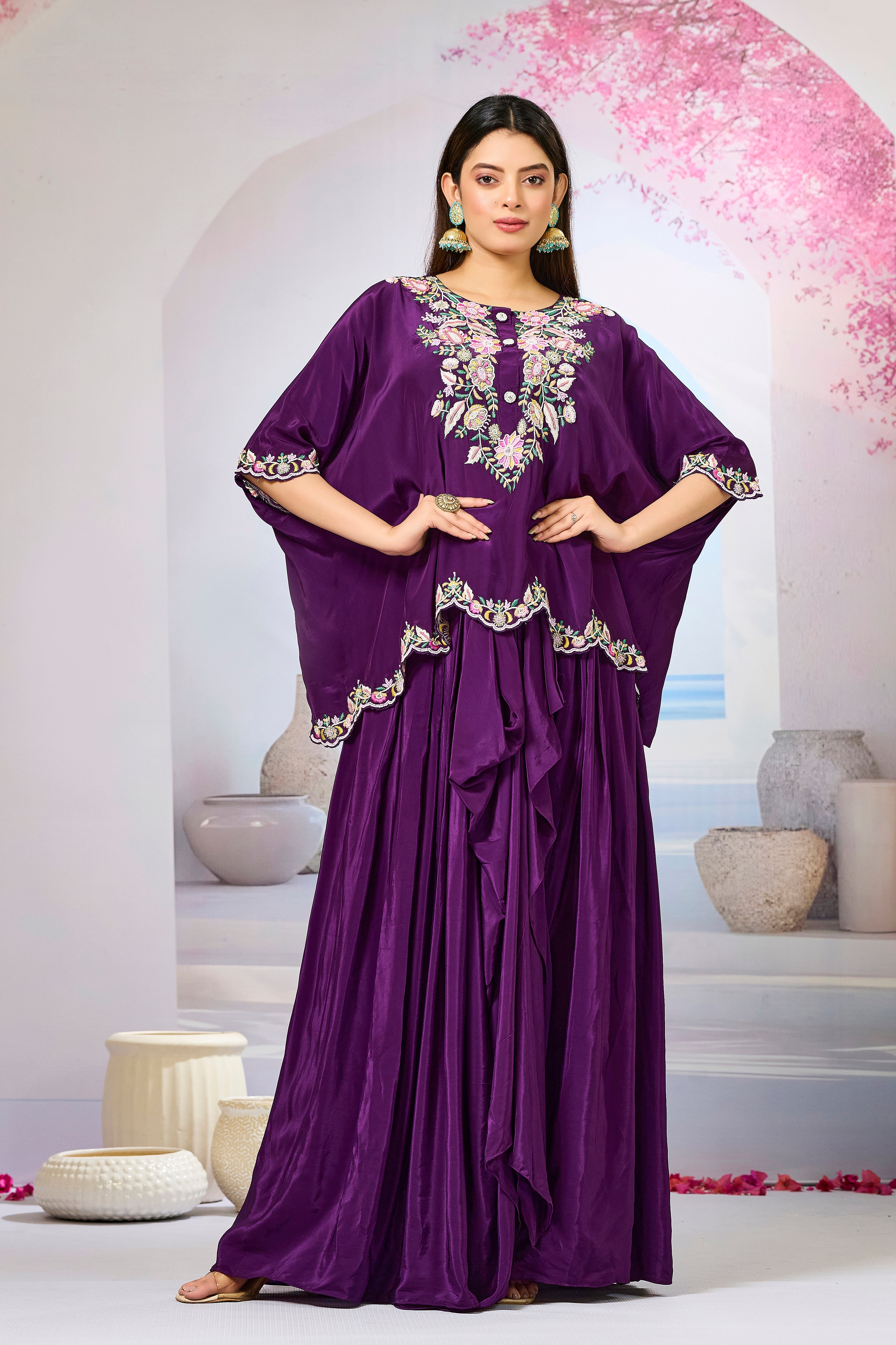 Purple Embellished Crepe Silk Skirt Set