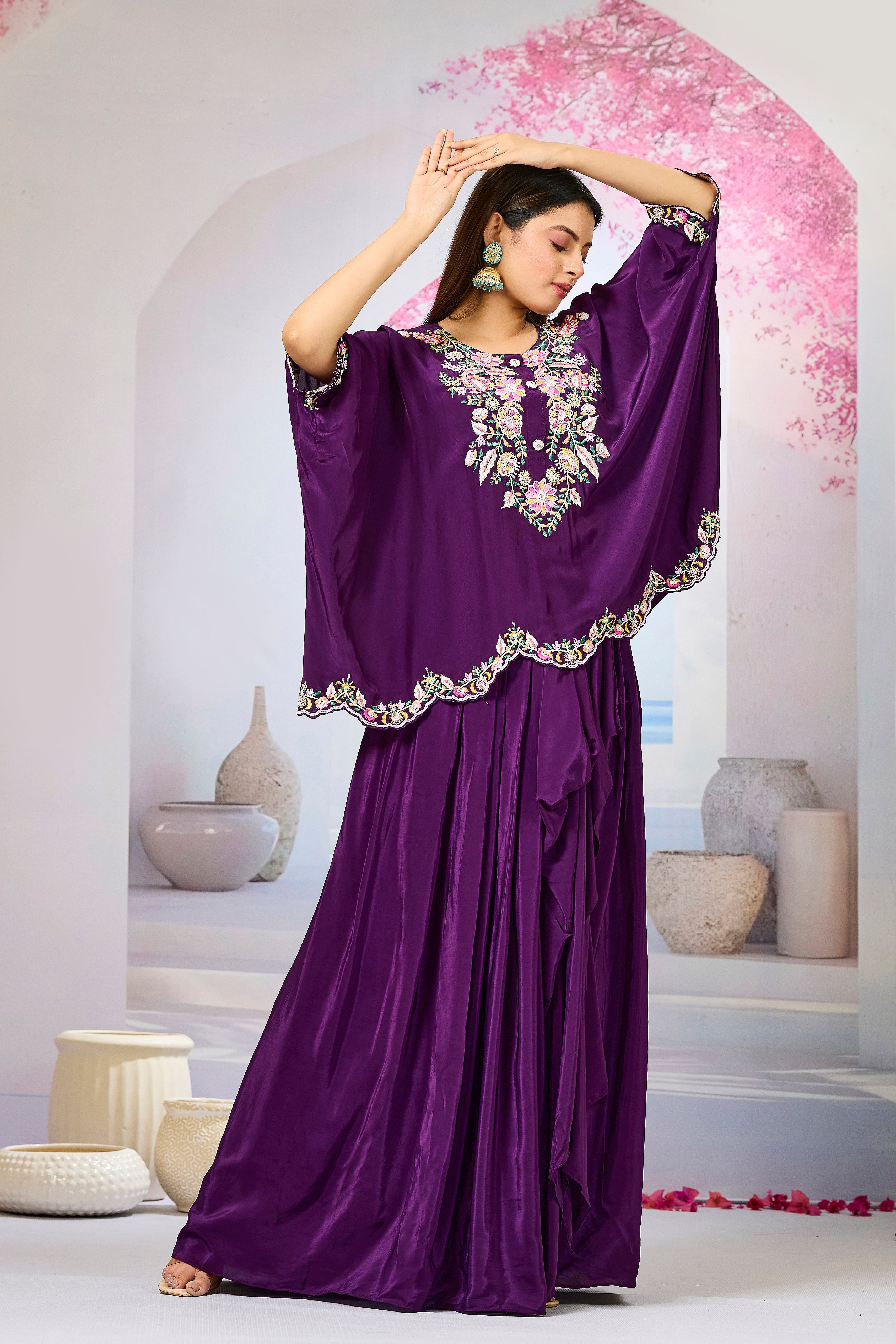 Purple Embellished Crepe Silk Skirt Set