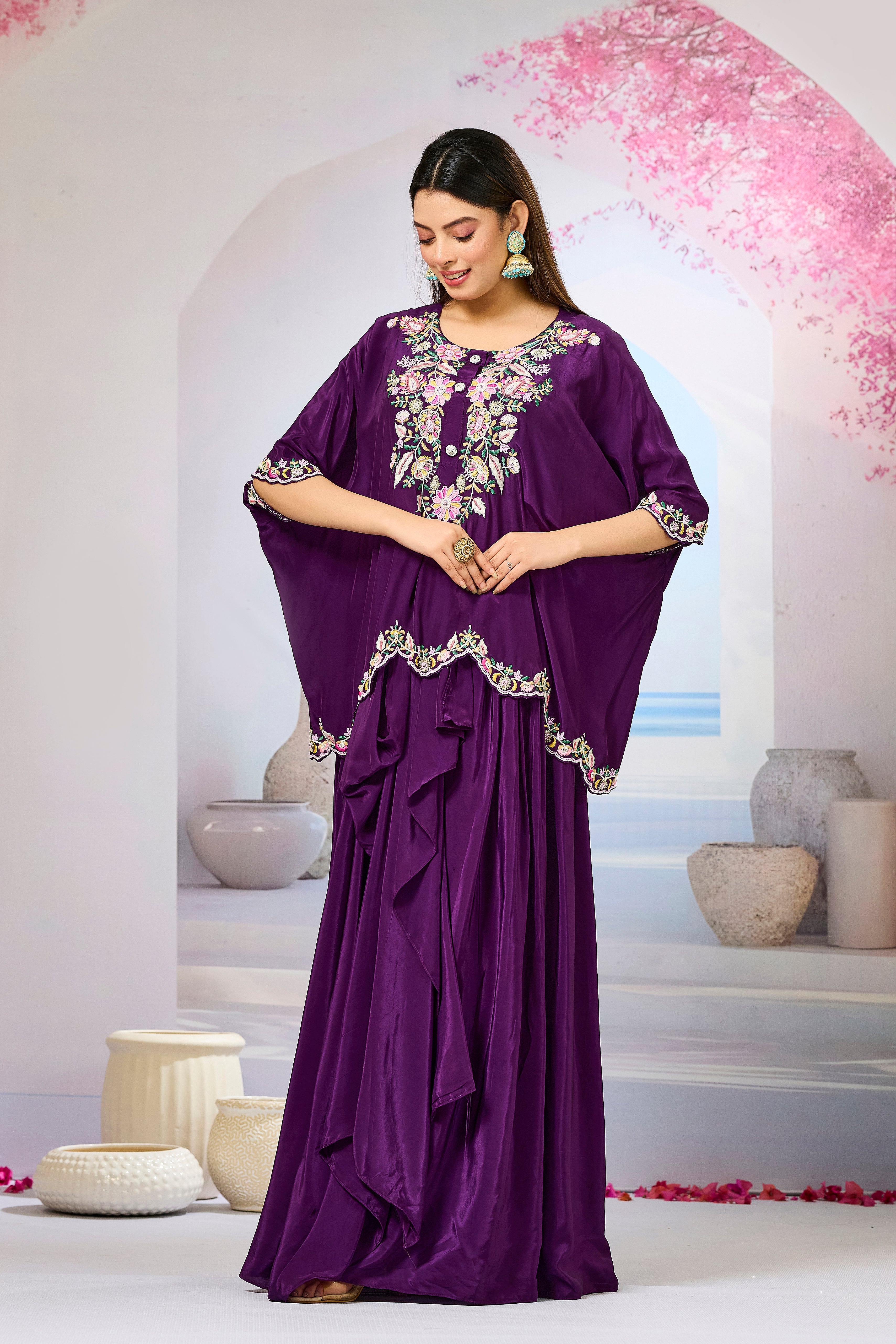 Purple Embellished Crepe Silk Skirt Set