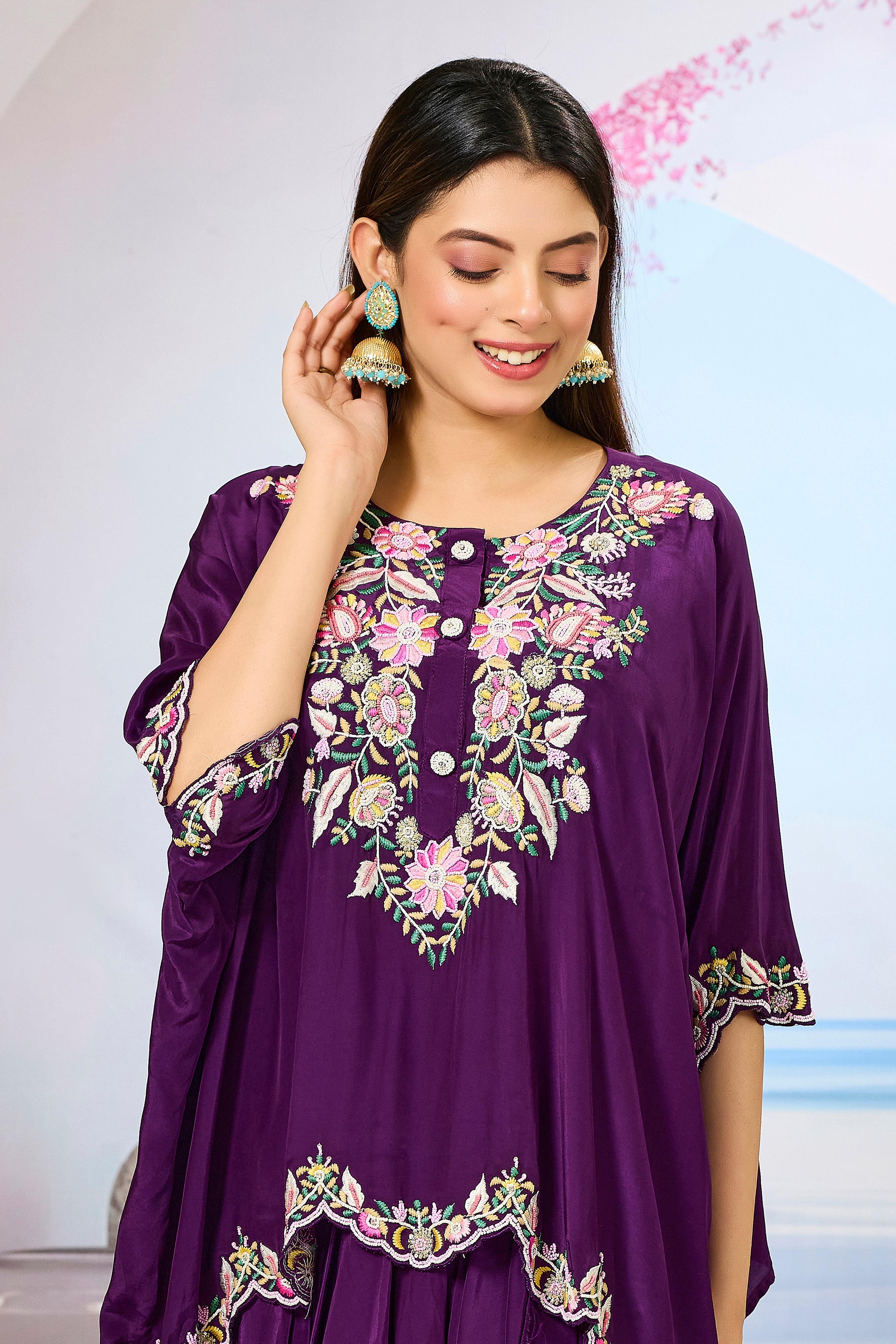 Purple Embellished Crepe Silk Skirt Set