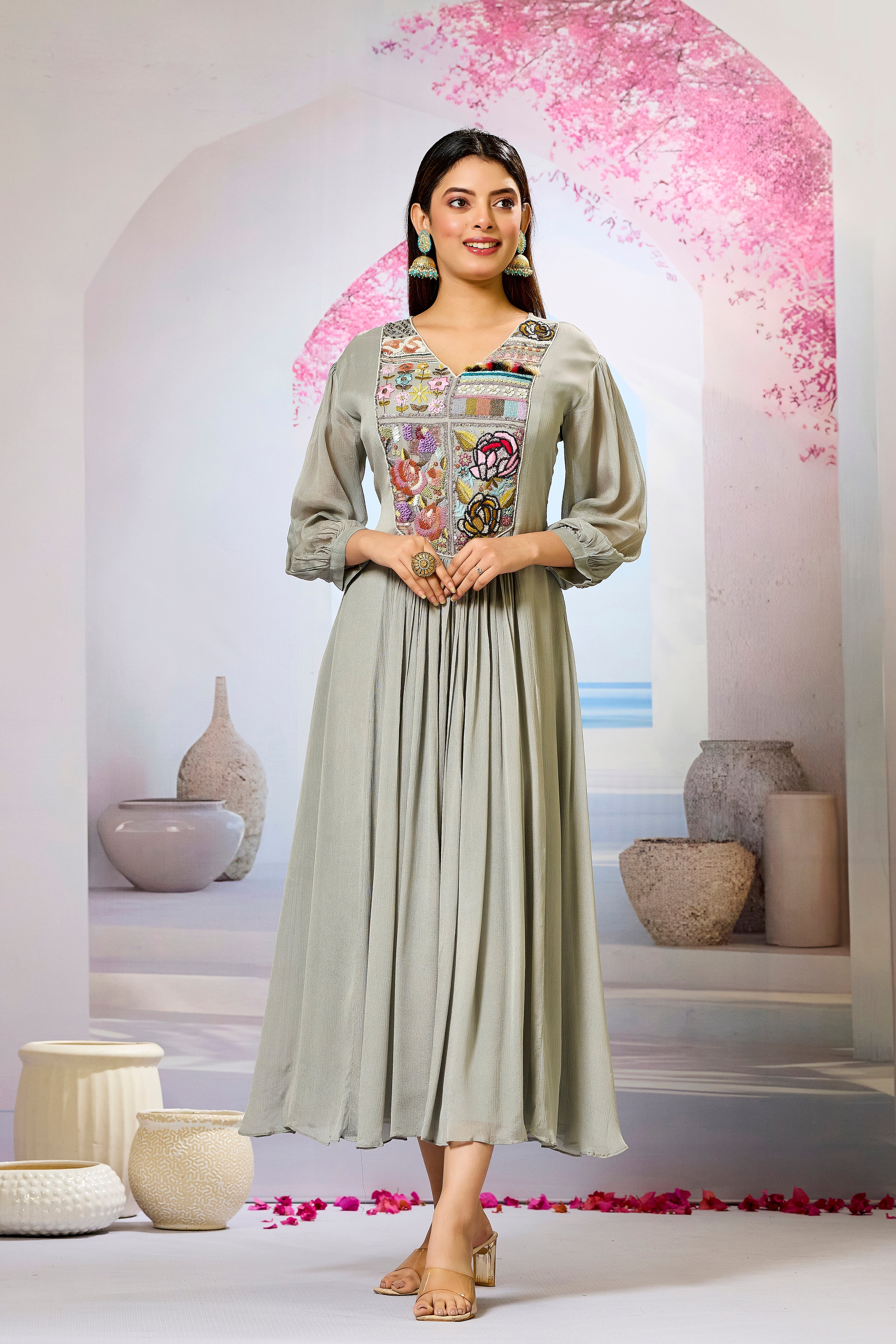 Grey Embellished Chinon Silk Dress