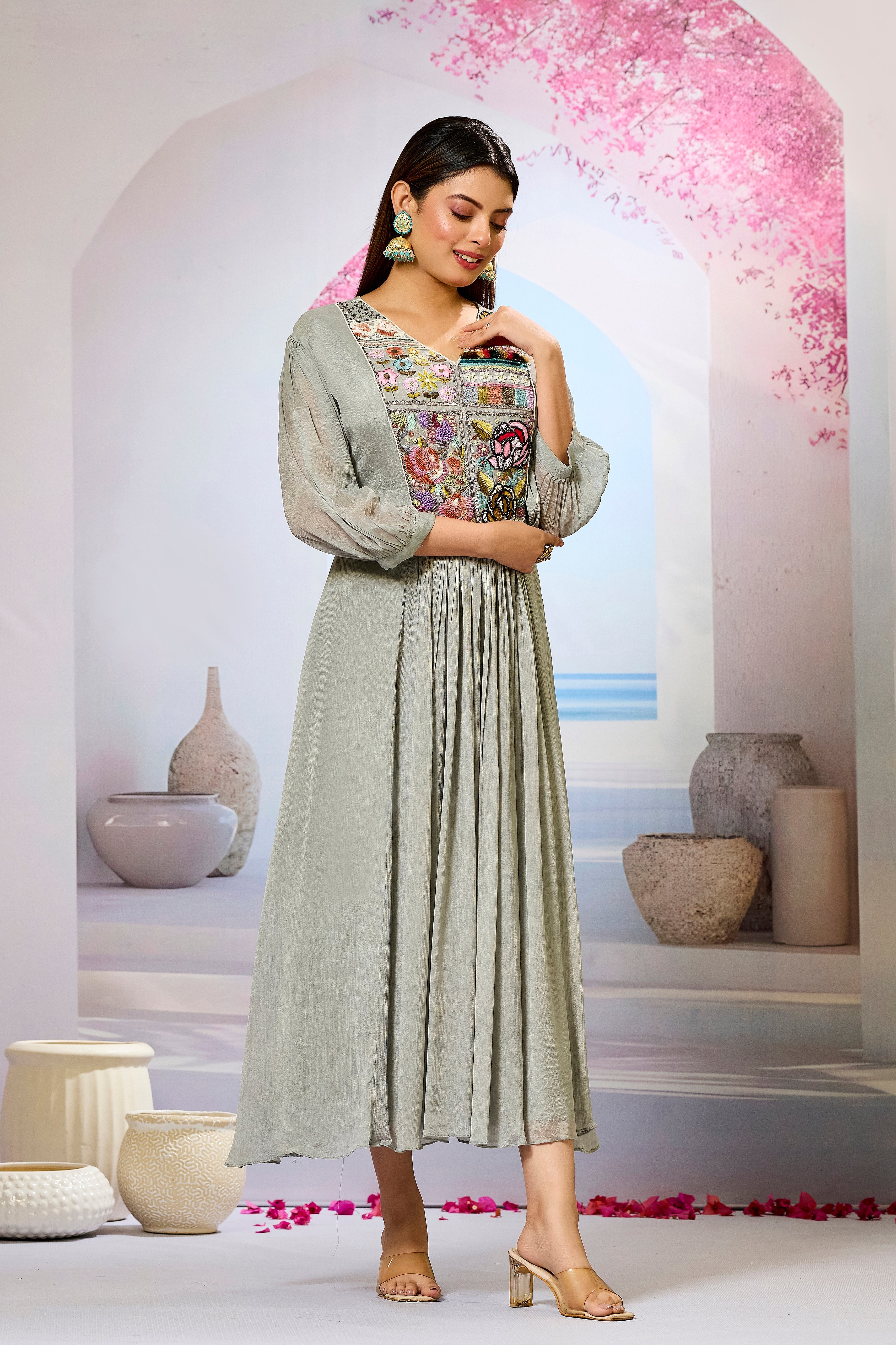 Grey Embellished Chinon Silk Dress