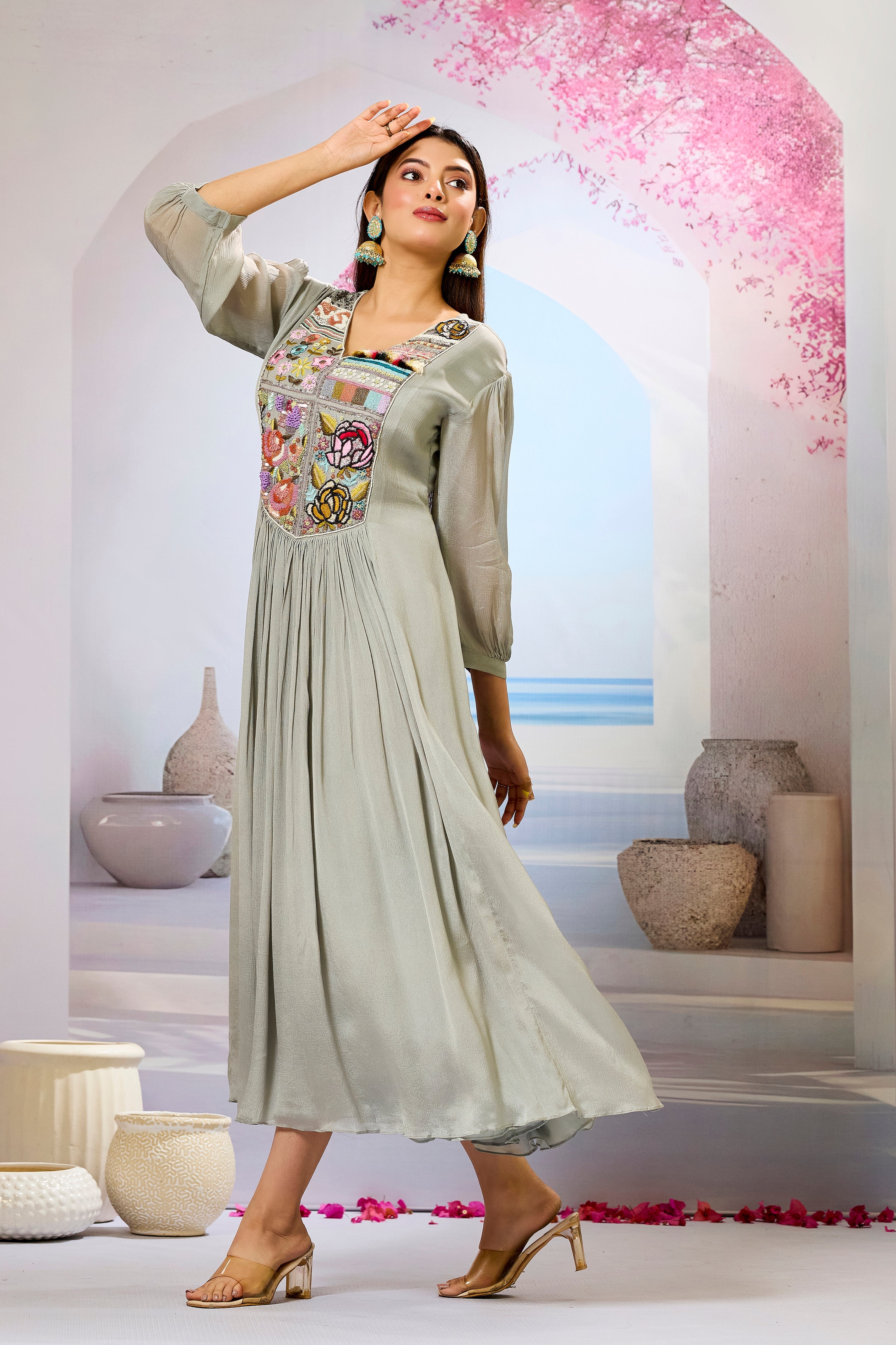 Grey Embellished Chinon Silk Dress