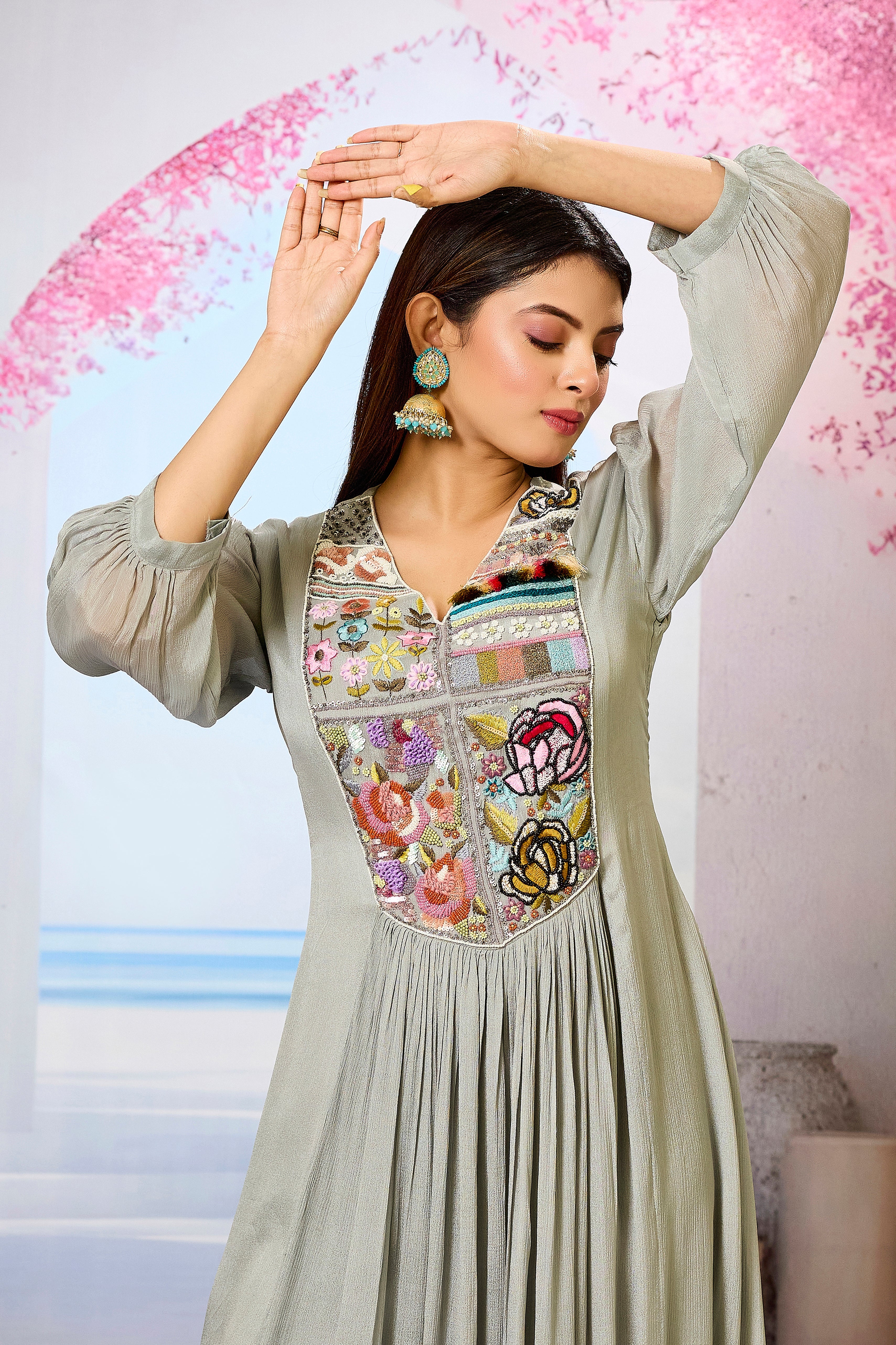 Grey Embellished Chinon Silk Dress