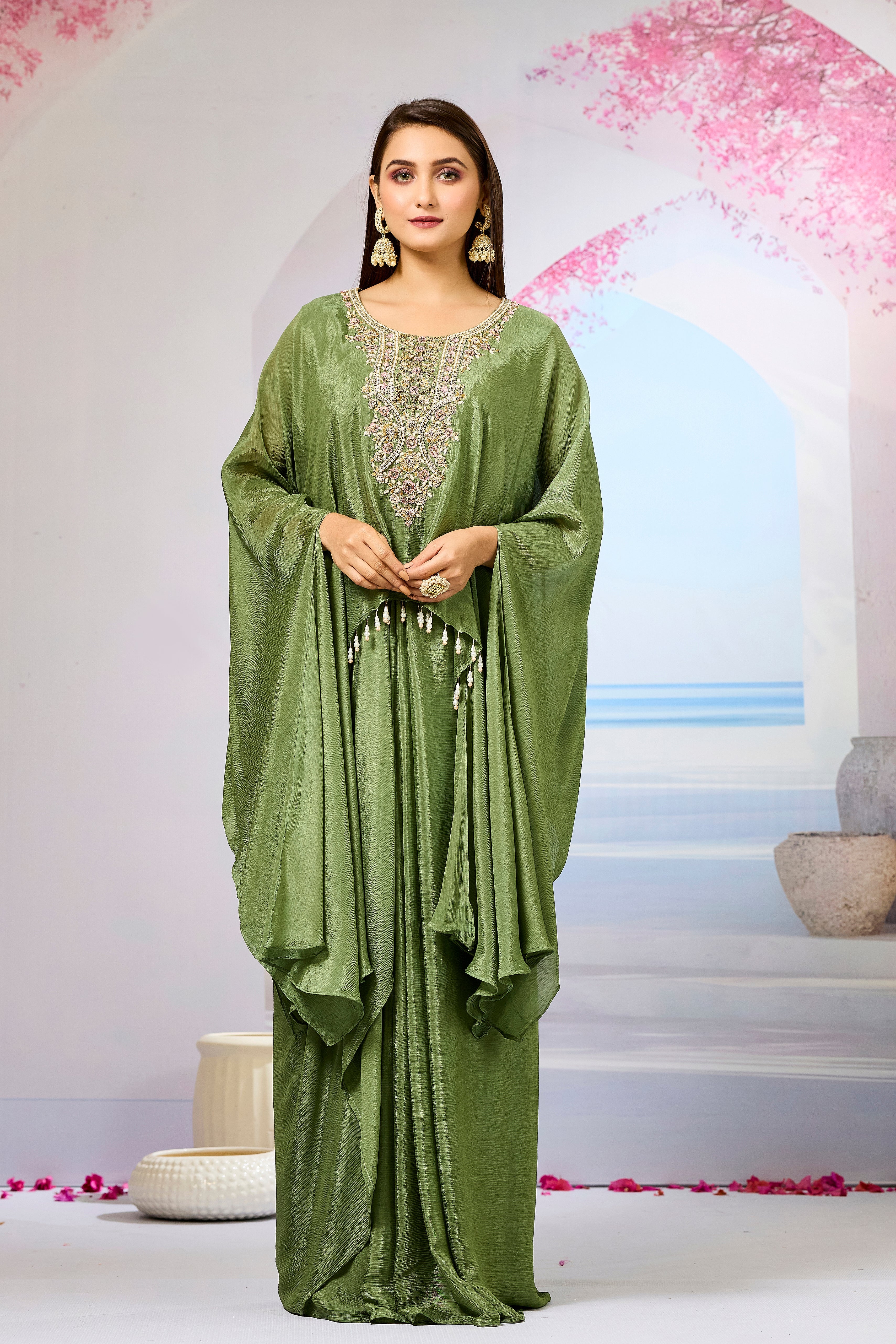 Green Embroidered Chinon Silk Skirt Set