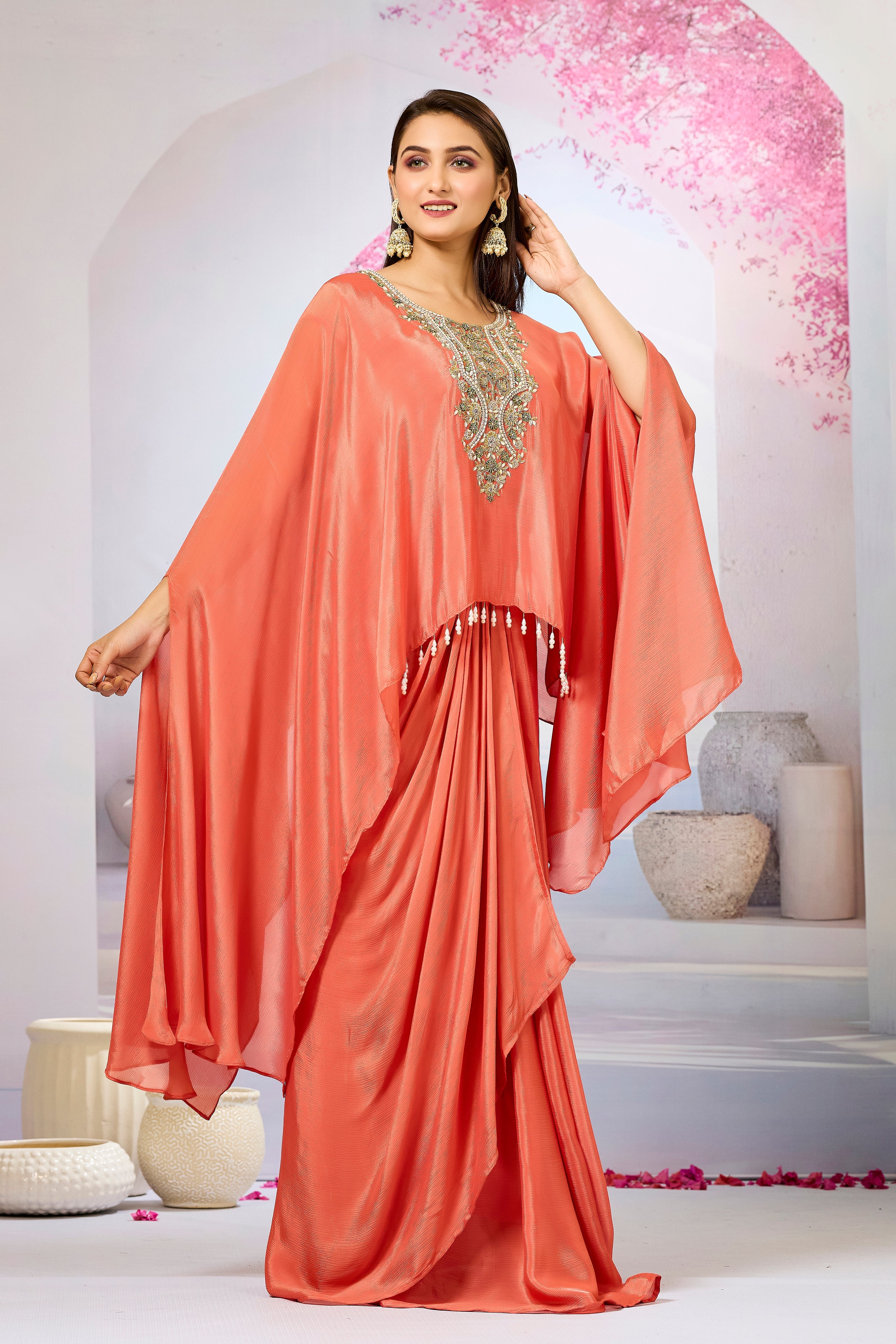Orange Embroidered Chinon Silk Skirt Set