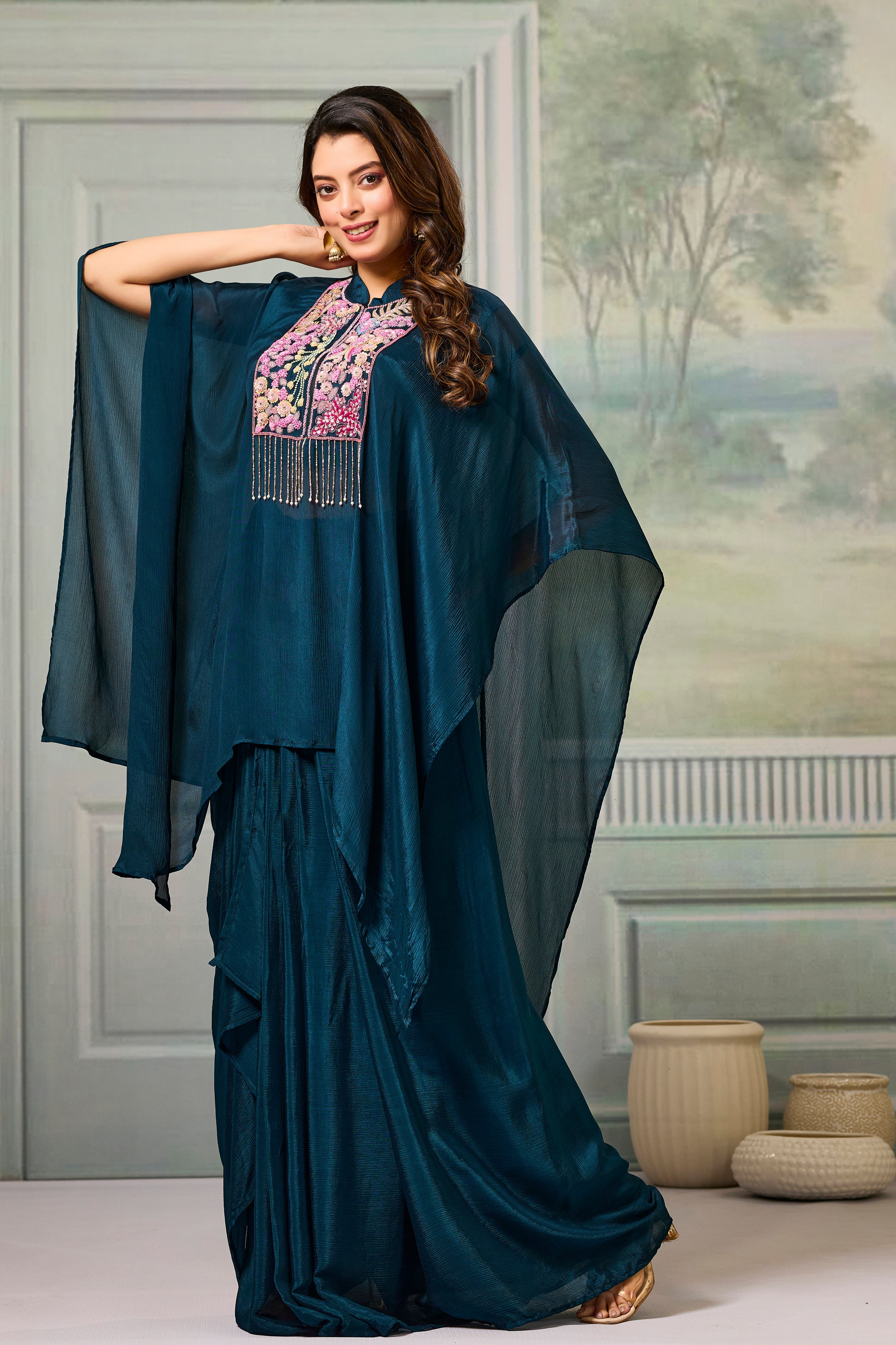 Deep Teal Embroidered Chinon Silk Skirt Set