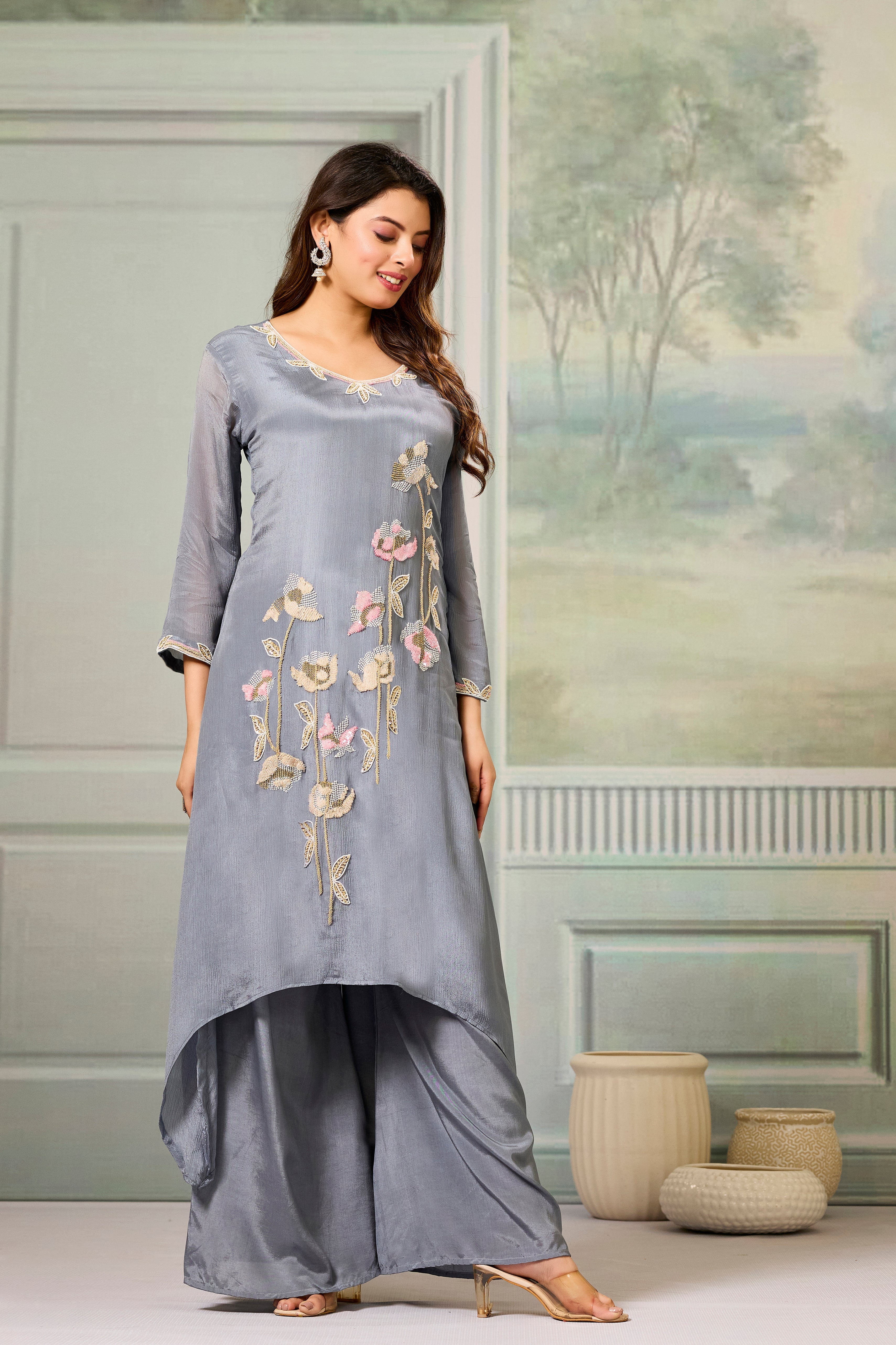 Grey Embellished Chinon Silk Palazzo Set