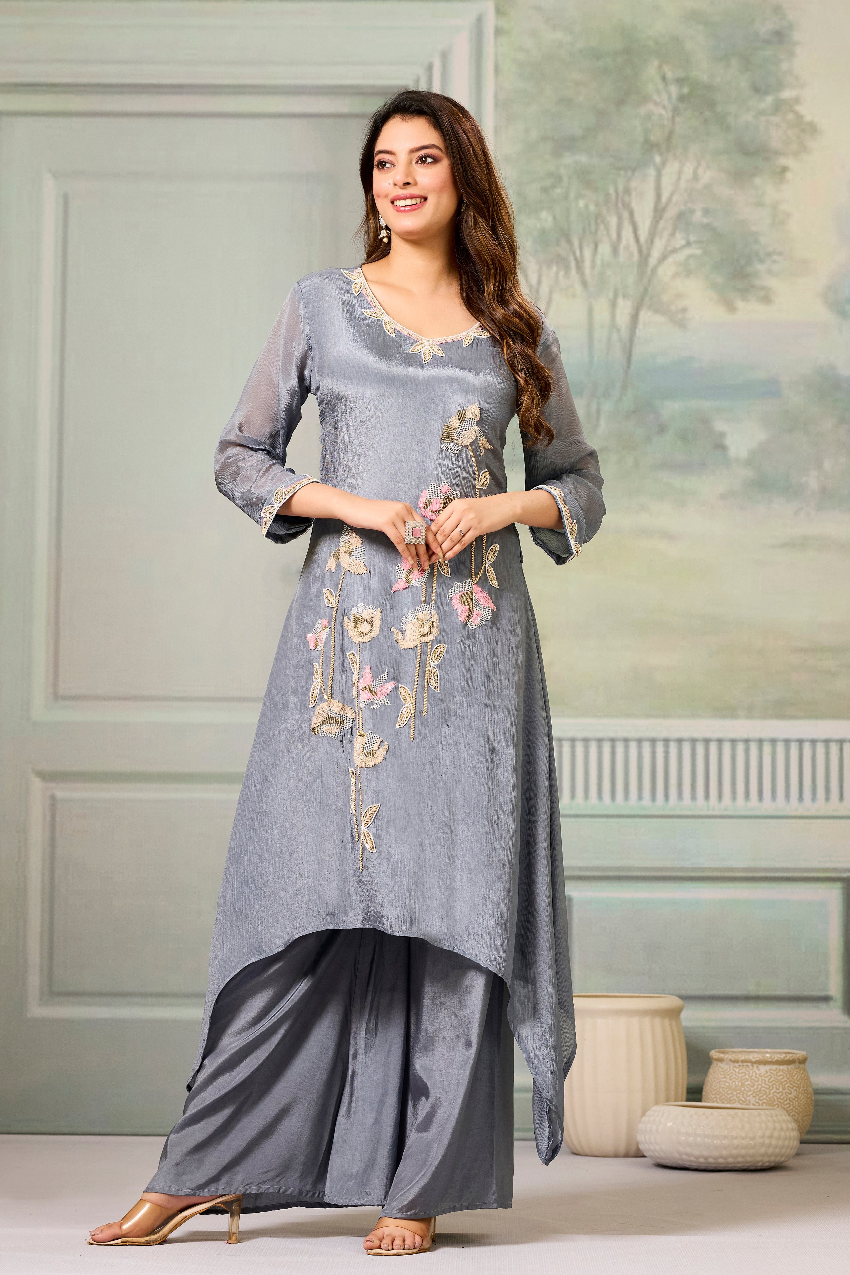 Grey Embellished Chinon Silk Palazzo Set