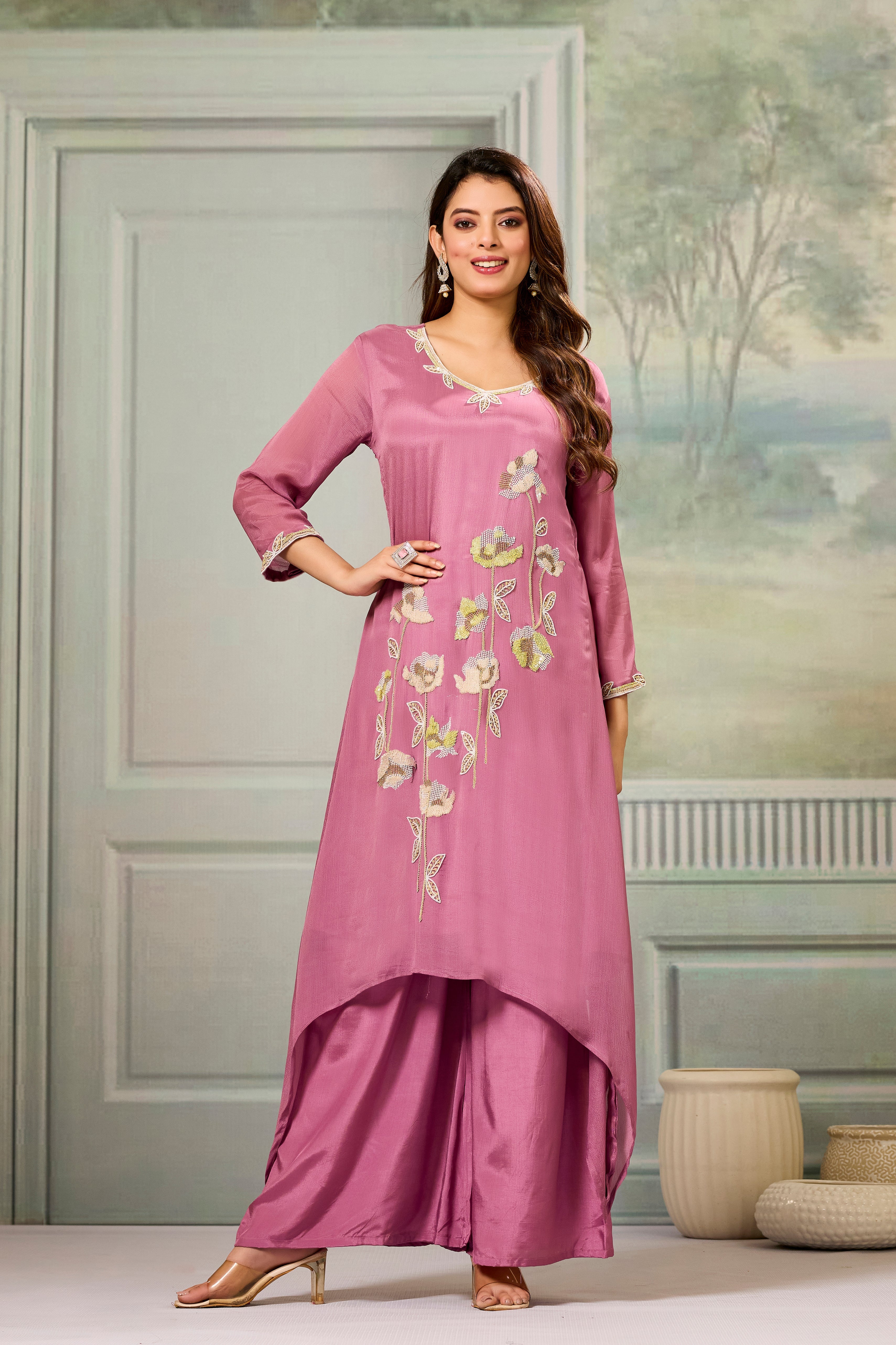Pink Embellished Chinon Silk Palazzo Set