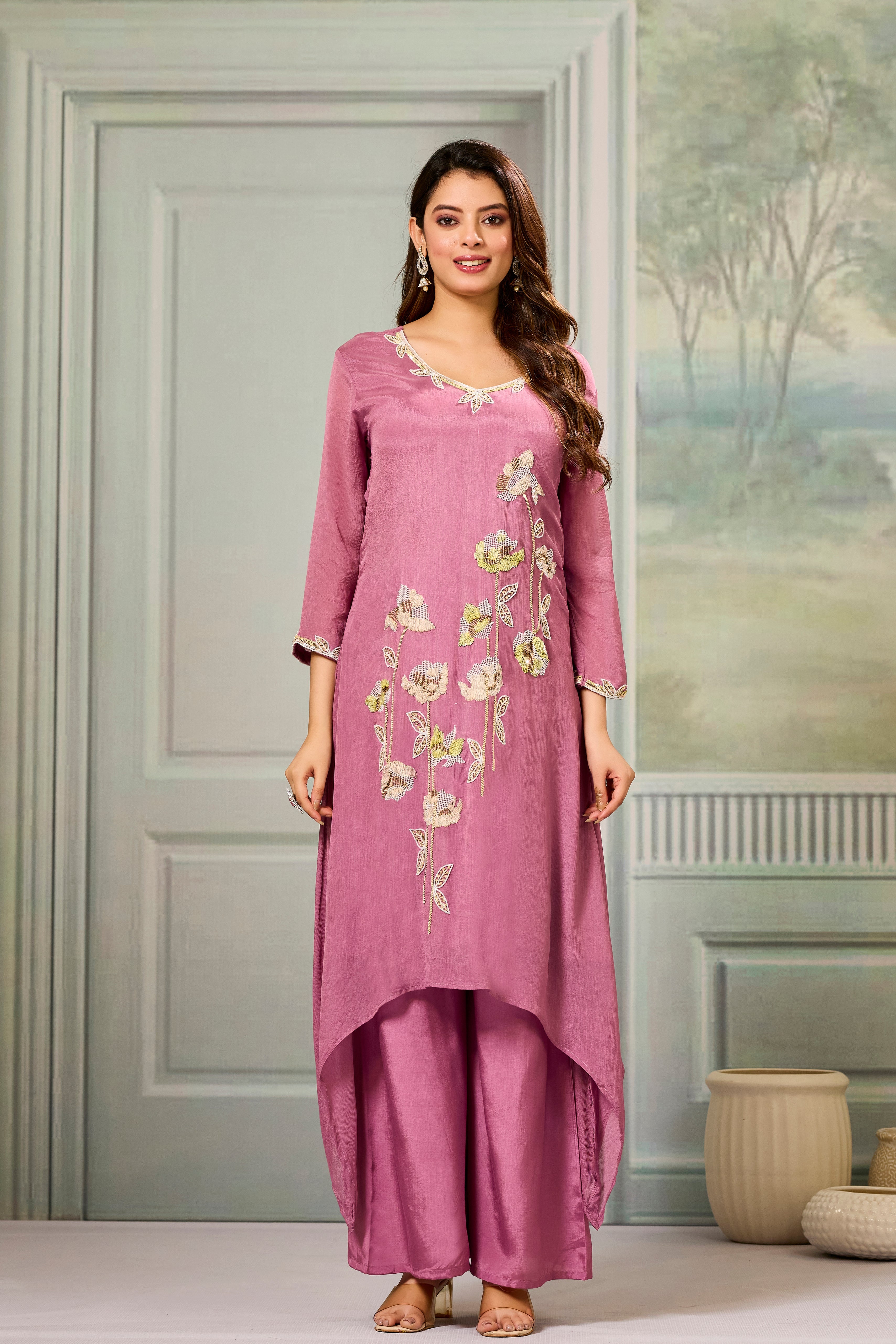 Pink Embellished Chinon Silk Palazzo Set