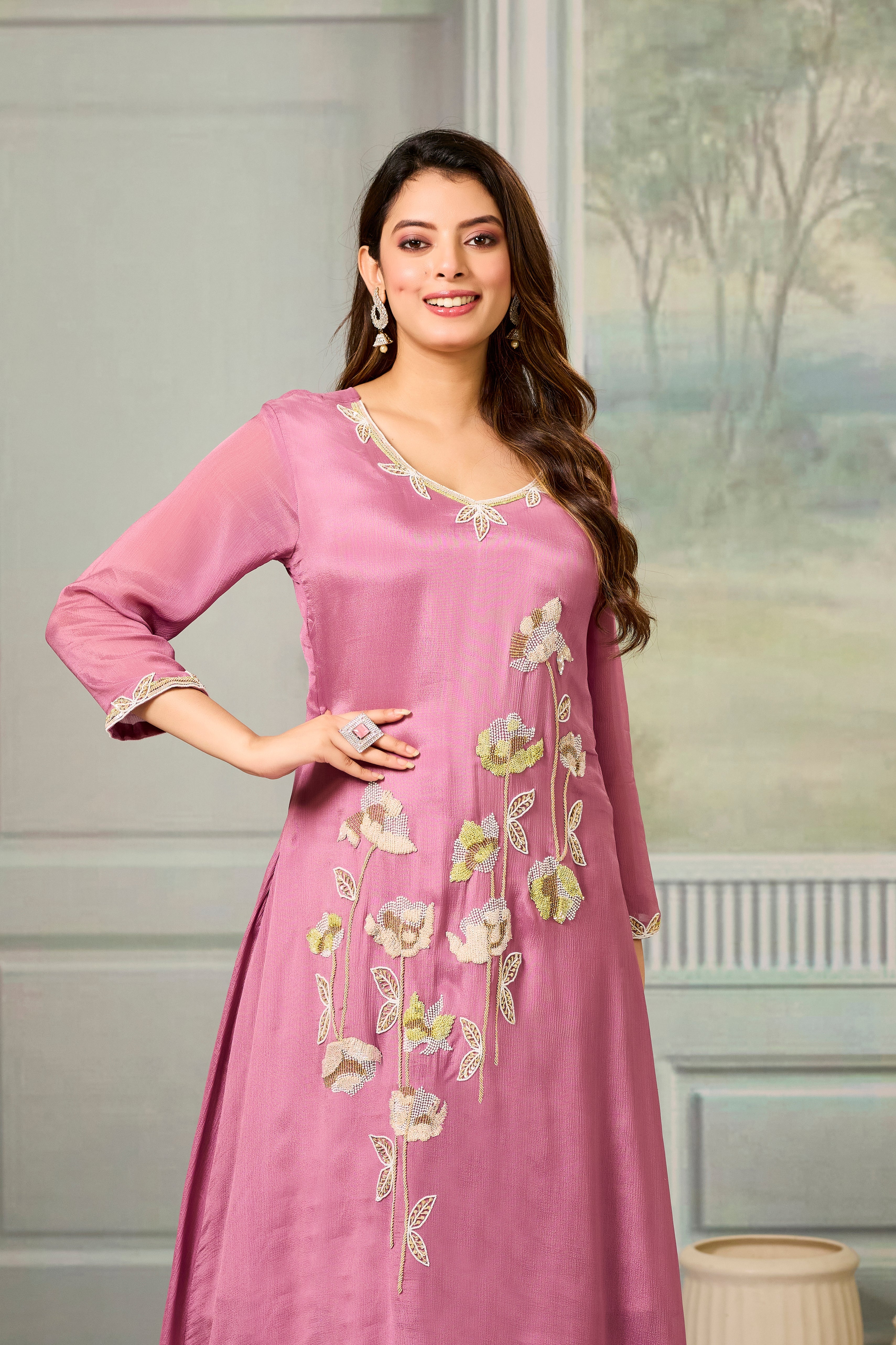 Pink Embellished Chinon Silk Palazzo Set