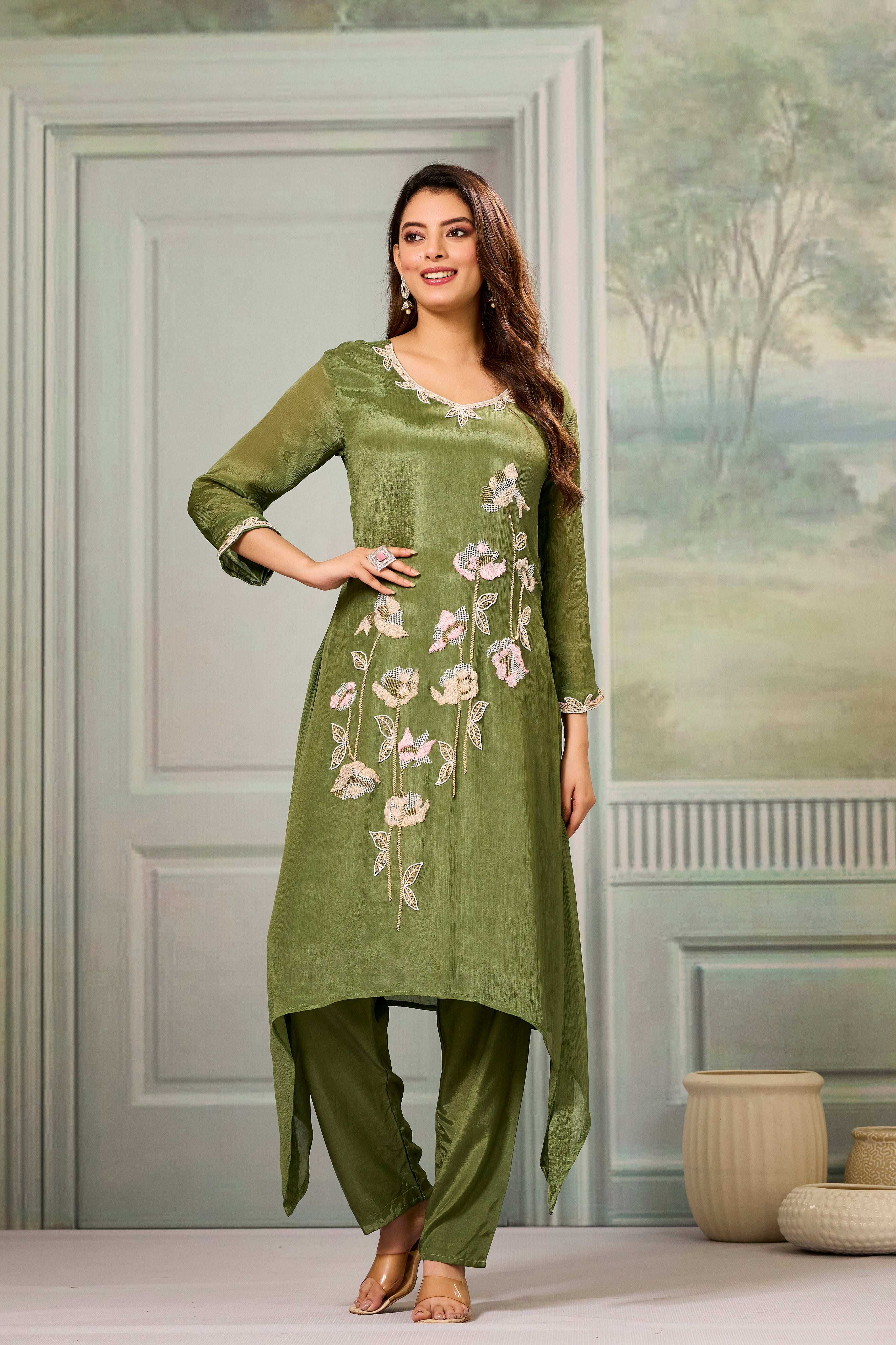 Green Embellished Chinon Silk Palazzo Set