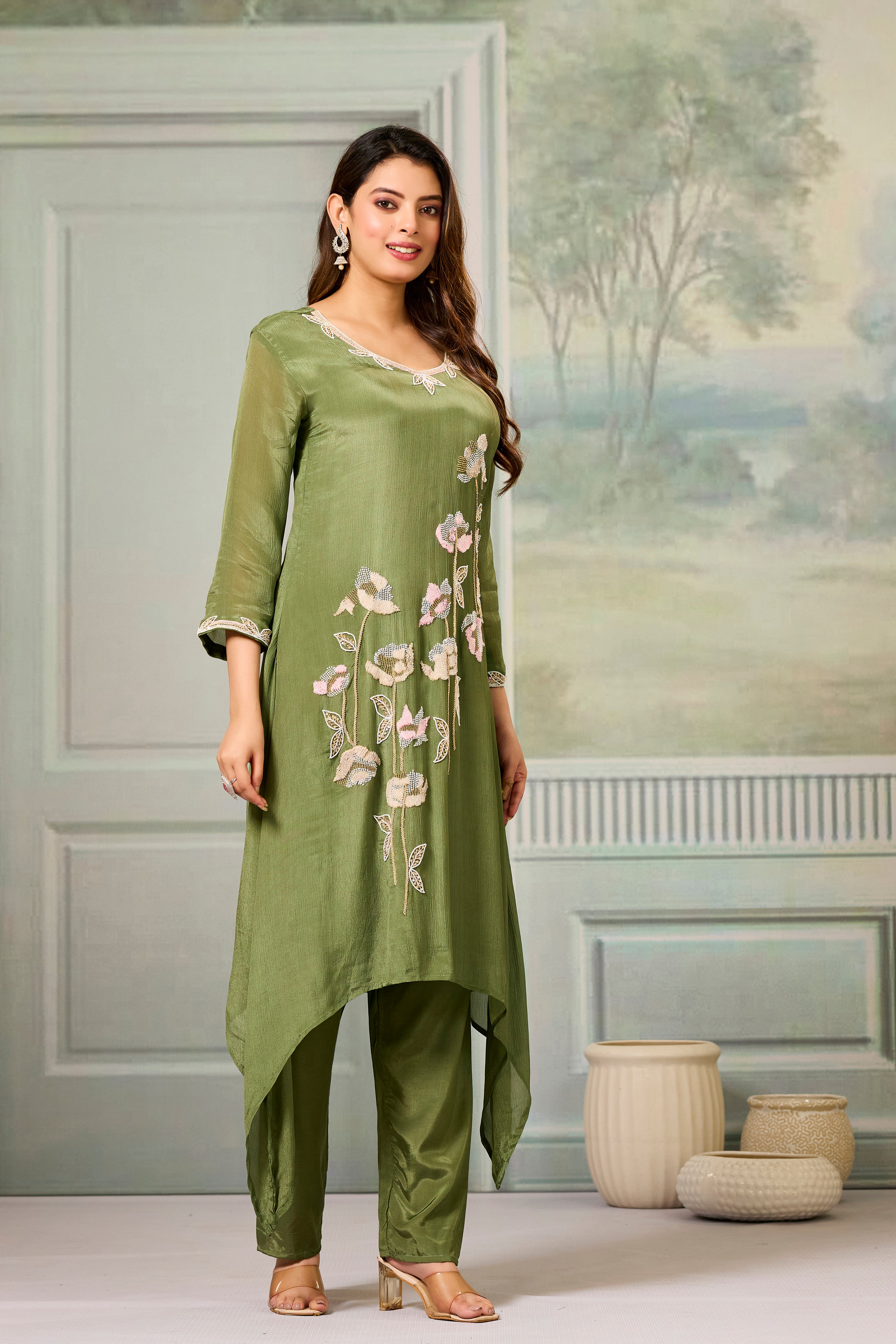 Green Embellished Chinon Silk Palazzo Set