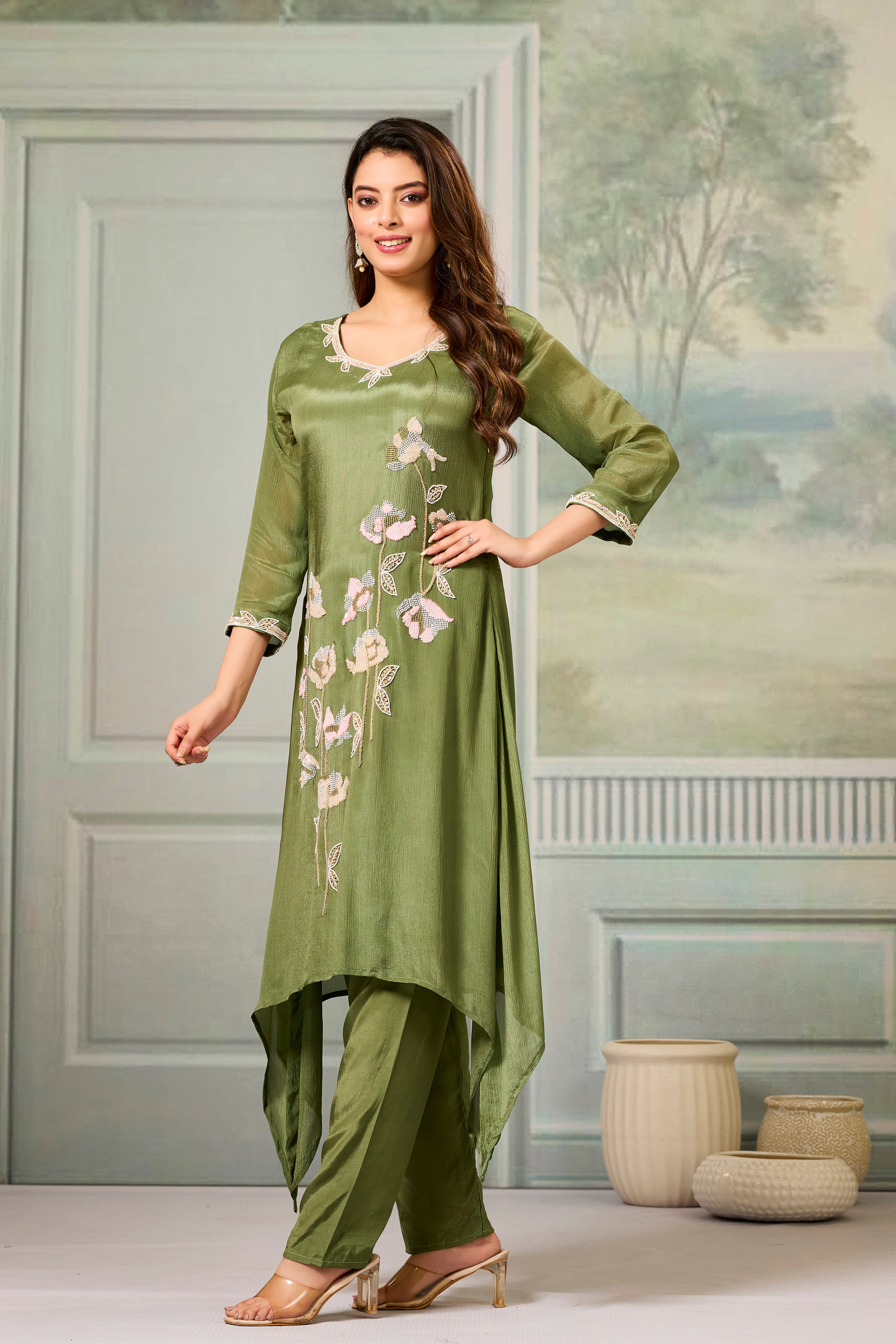 Green Embellished Chinon Silk Palazzo Set