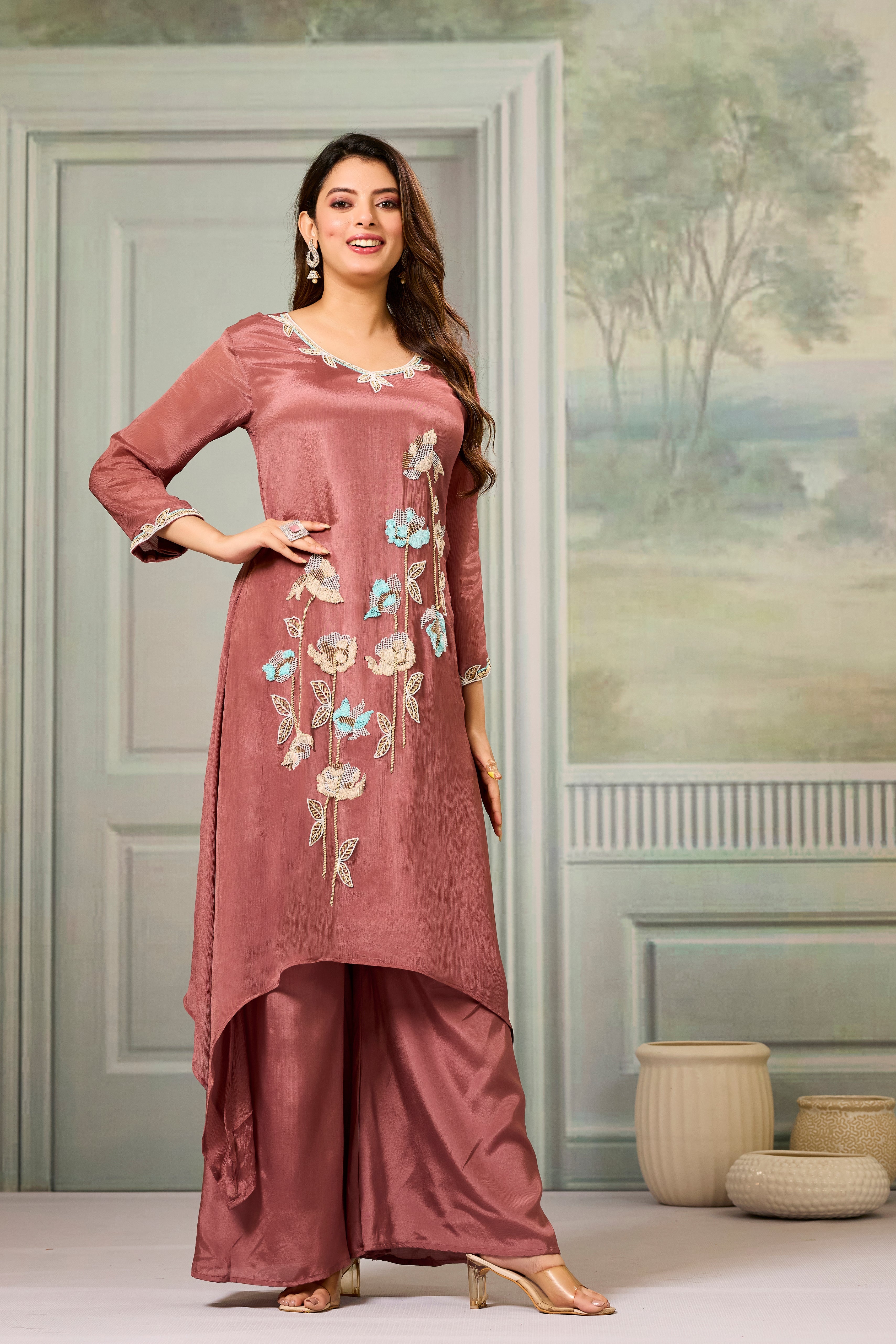 Rustic Mauve Embellished Chinon Silk Palazzo Set