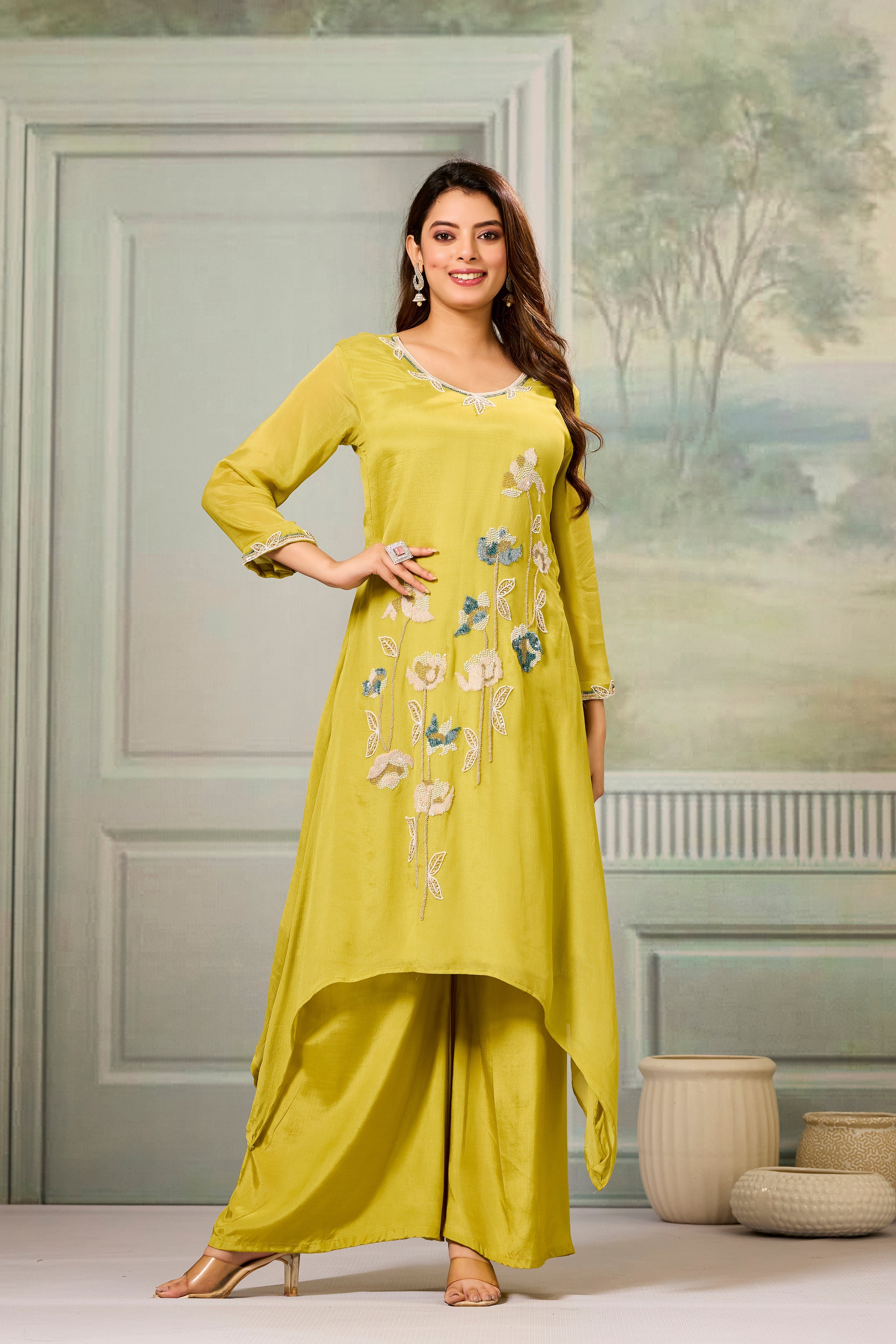 Pear Green Embellished Chinon Silk Palazzo Set