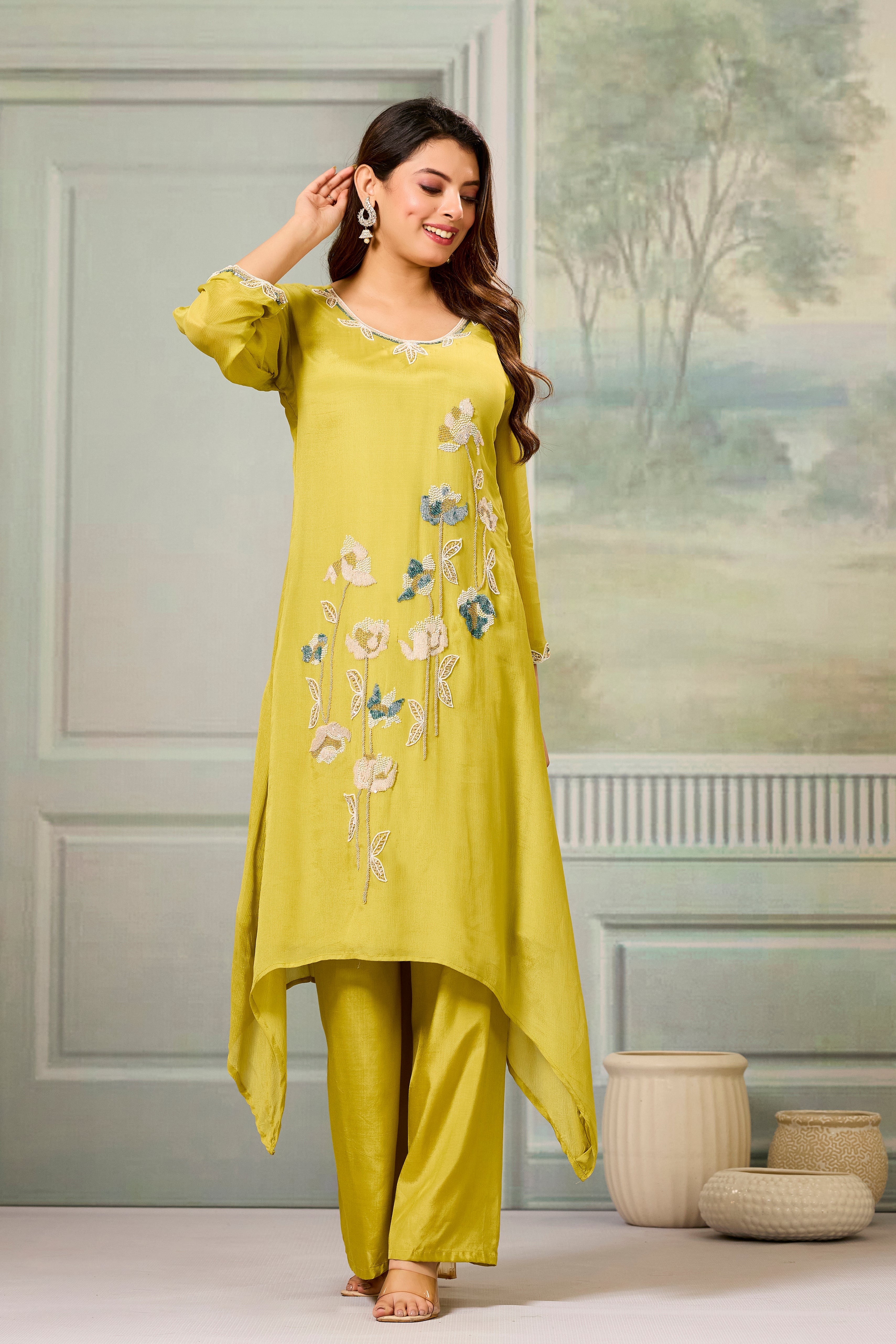 Pear Green Embellished Chinon Silk Palazzo Set