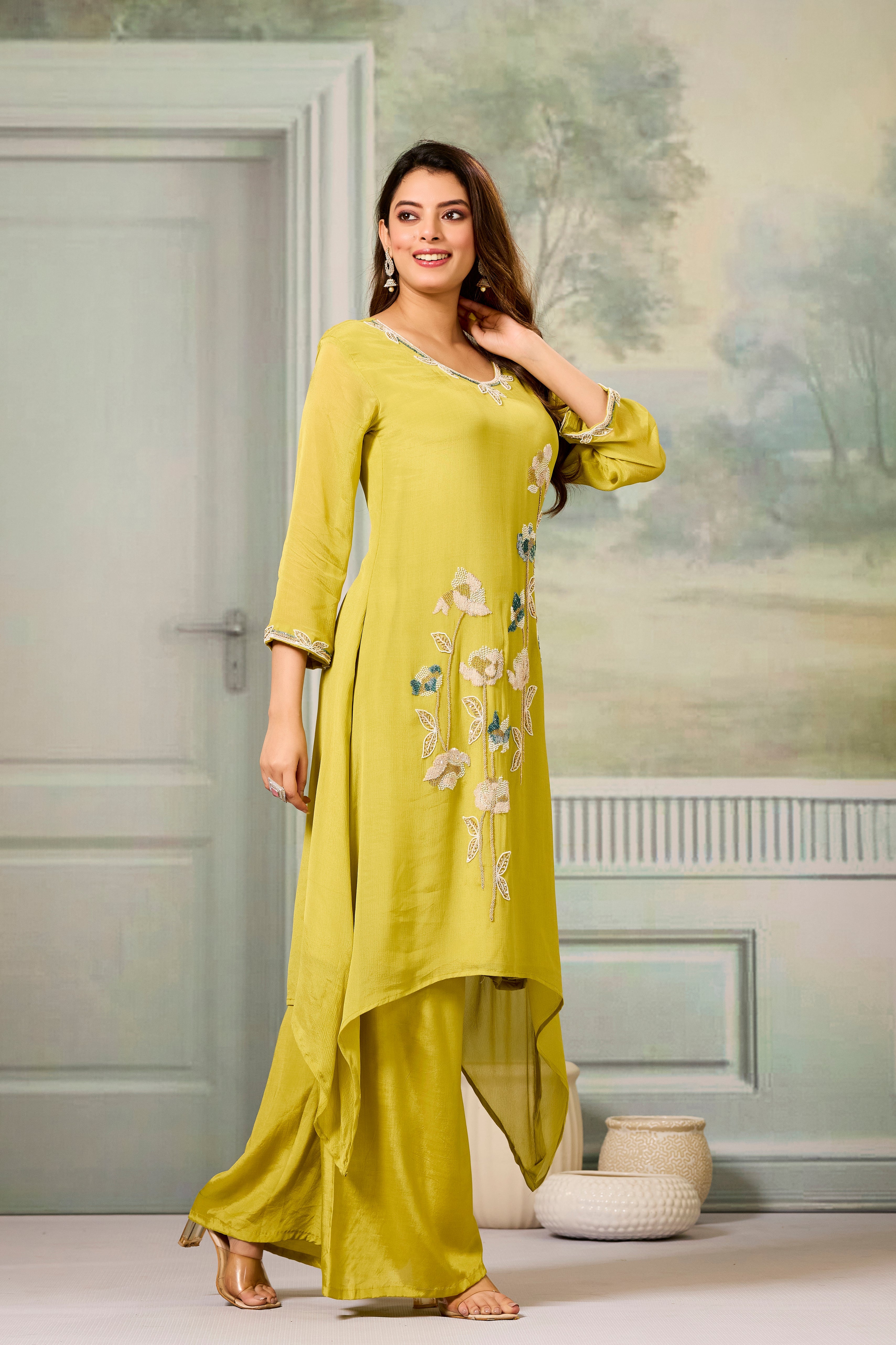 Pear Green Embellished Chinon Silk Palazzo Set