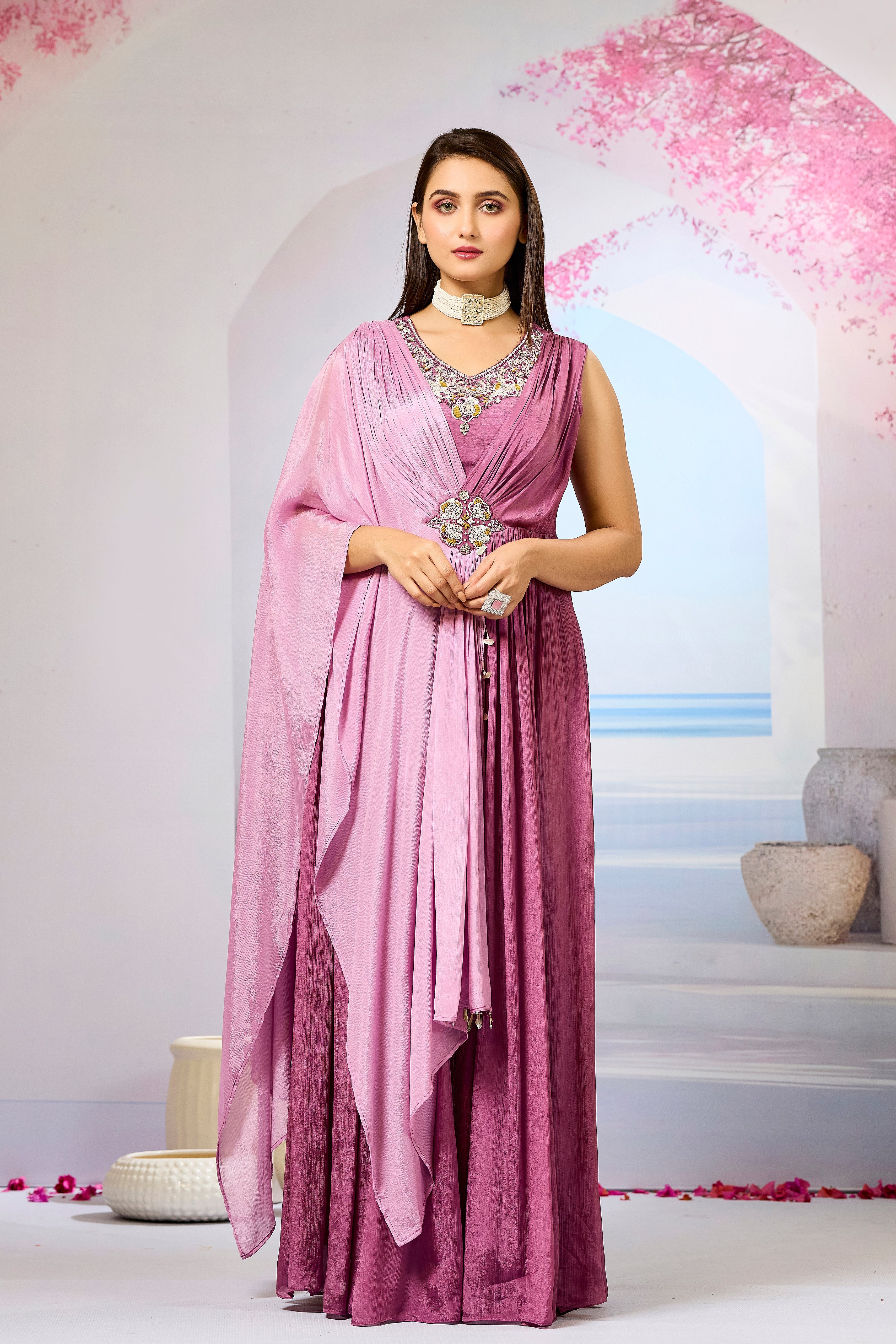 Pink Embellished Chinon Silk Gown