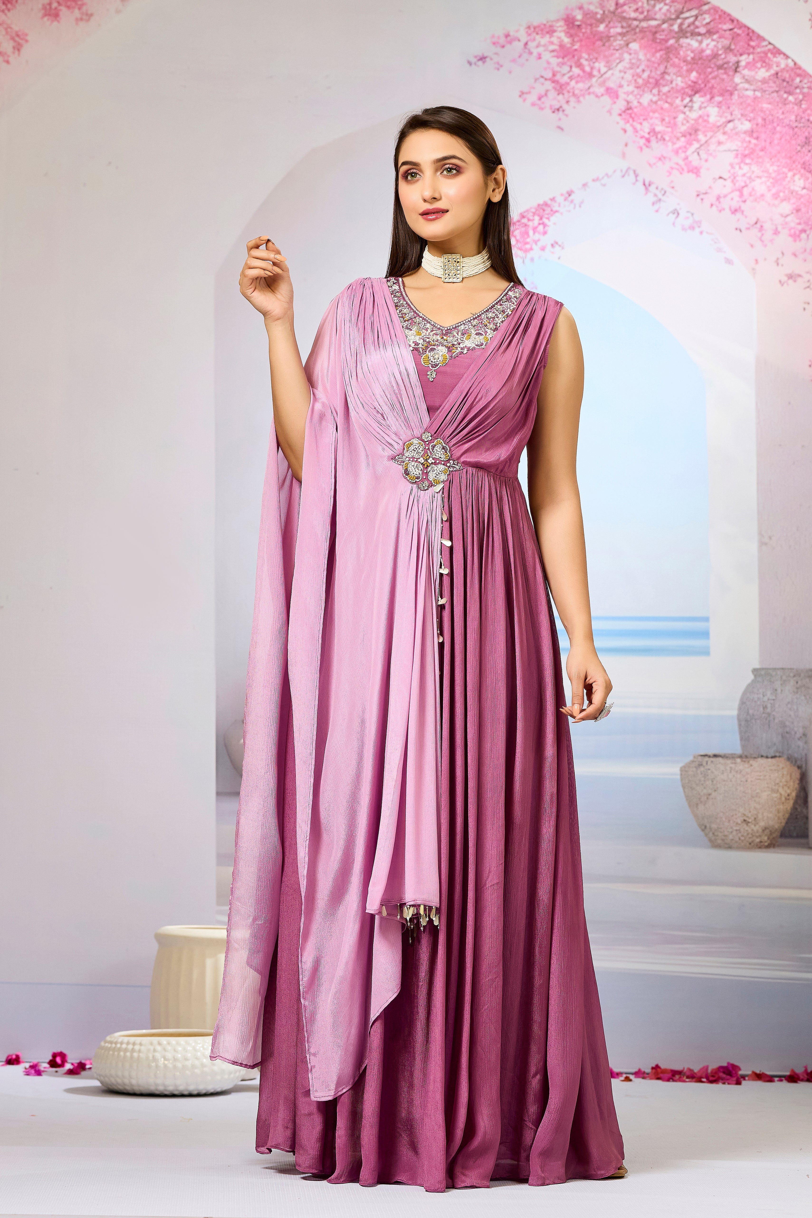 Pink Embellished Chinon Silk Gown