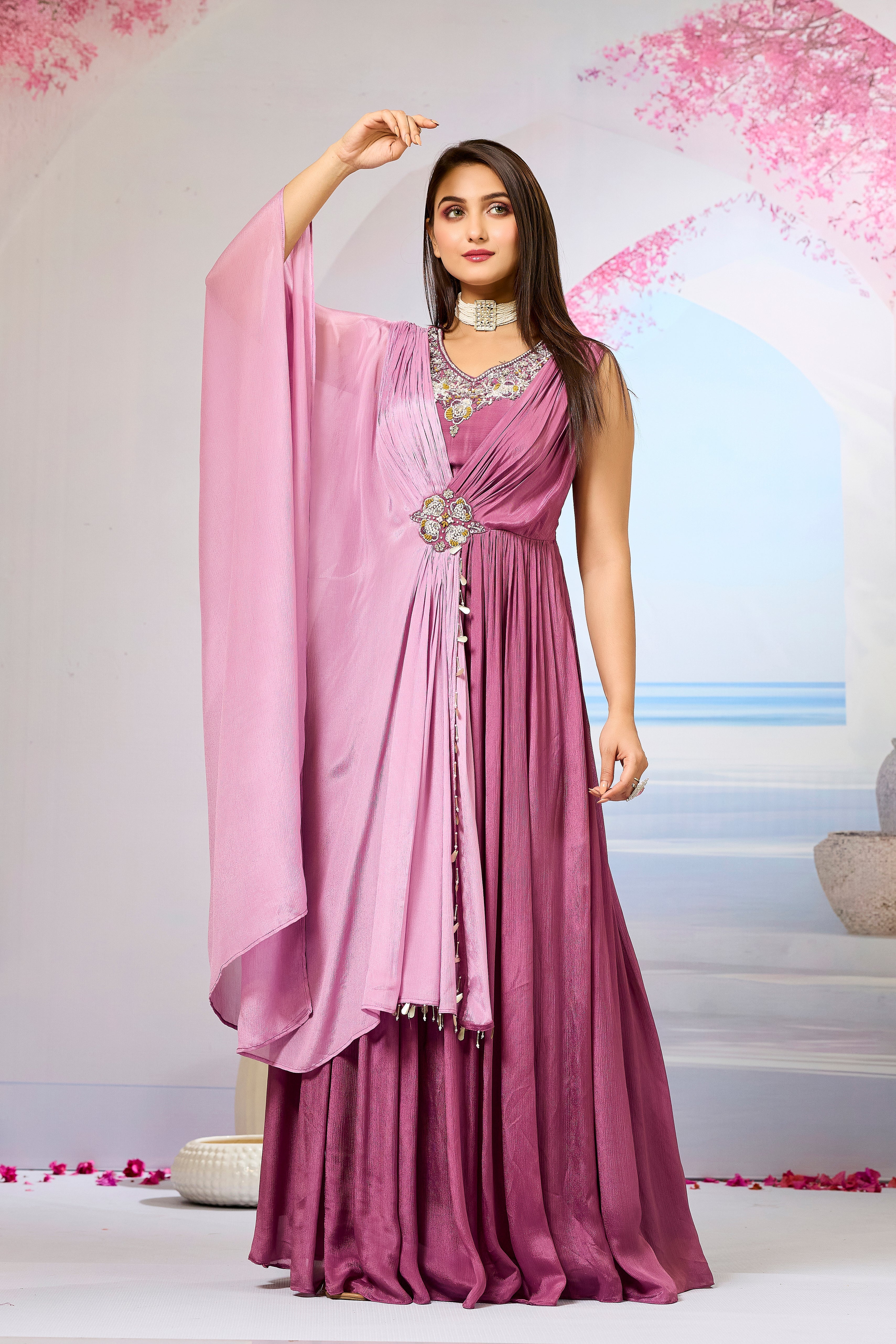 Pink Embellished Chinon Silk Gown