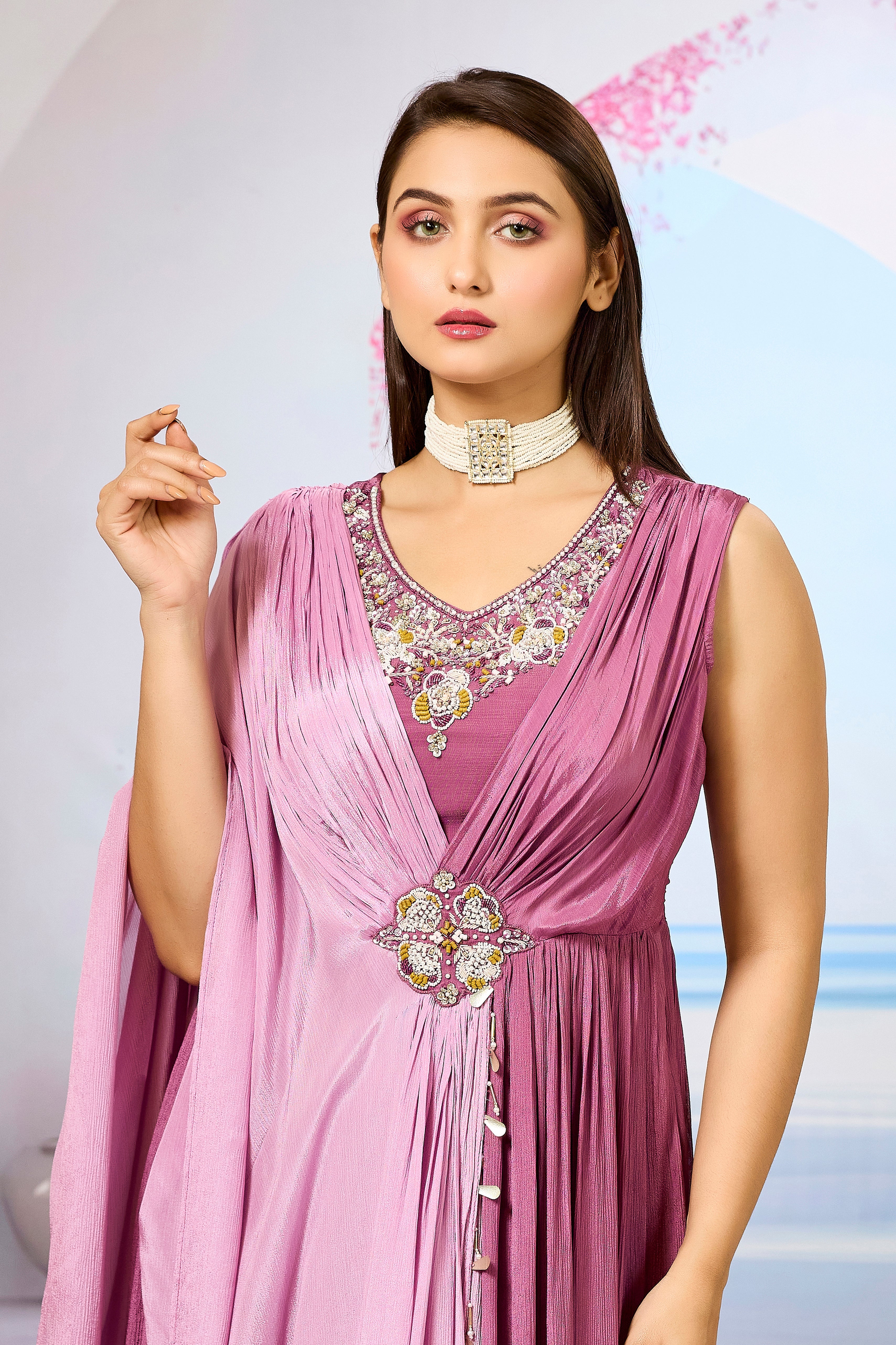 Pink Embellished Chinon Silk Gown