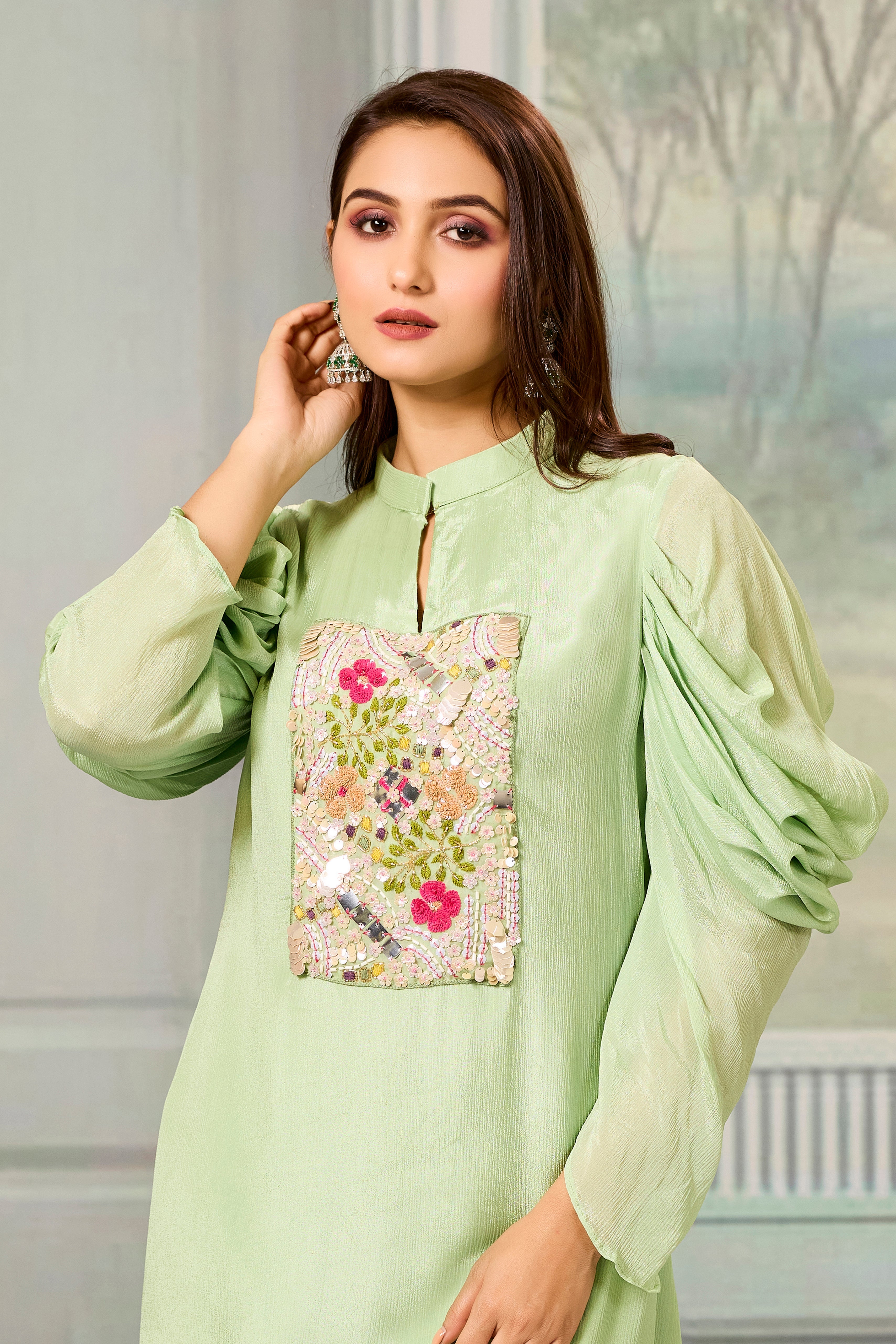 Green Handwork Chinon Silk Kurta Pants Set