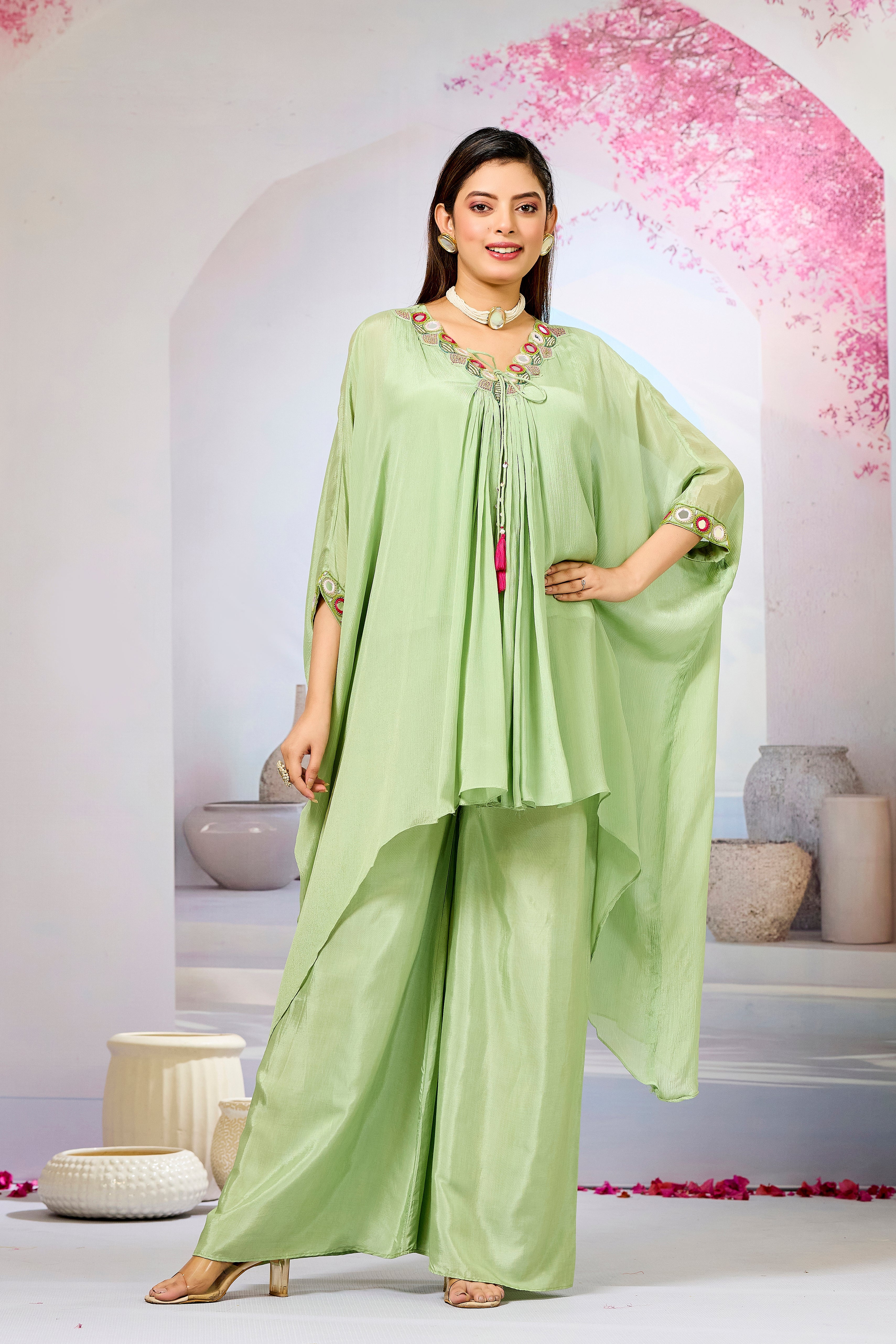 Green Embellished Chinon Silk Kaftan Set