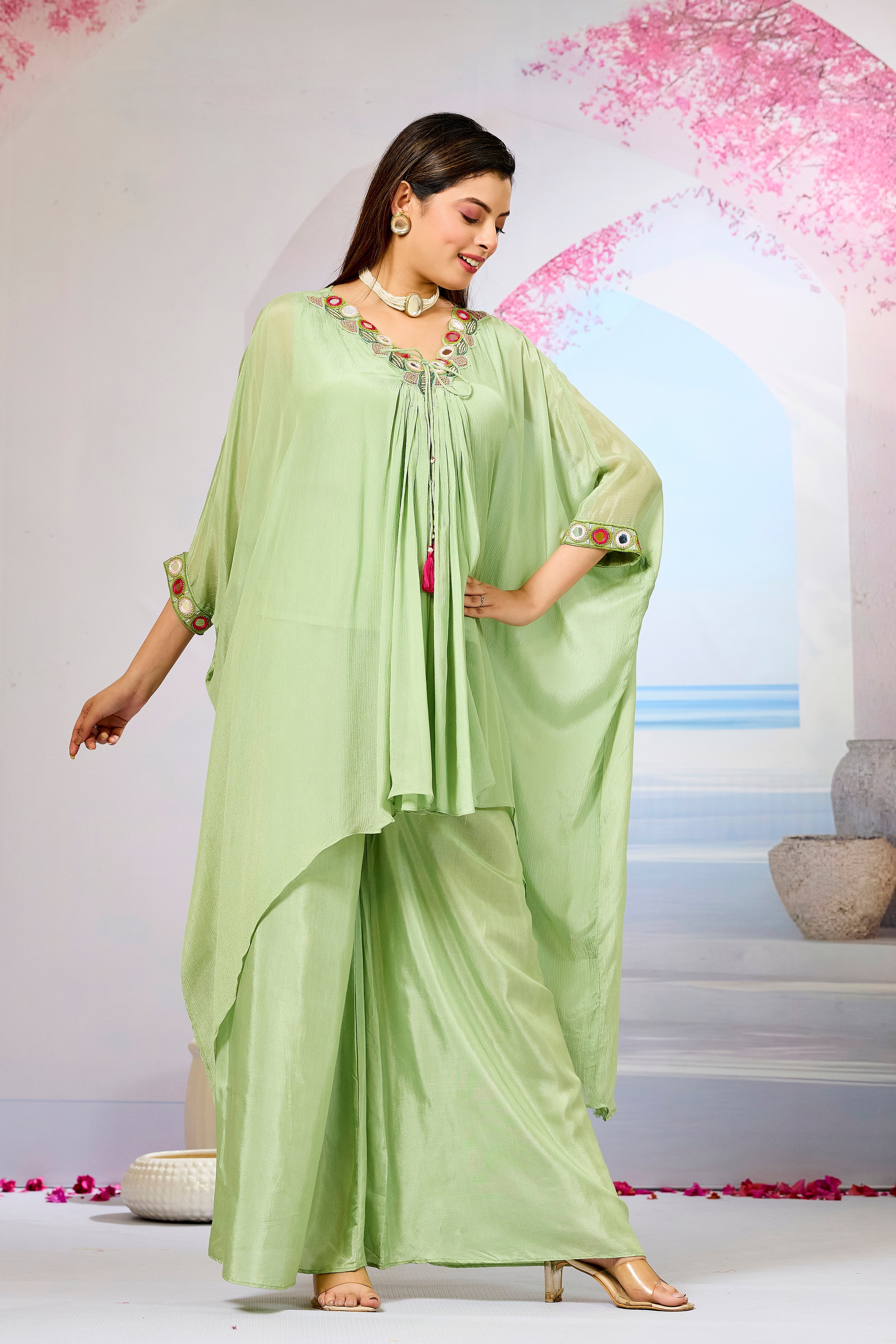 Green Embellished Chinon Silk Kaftan Set