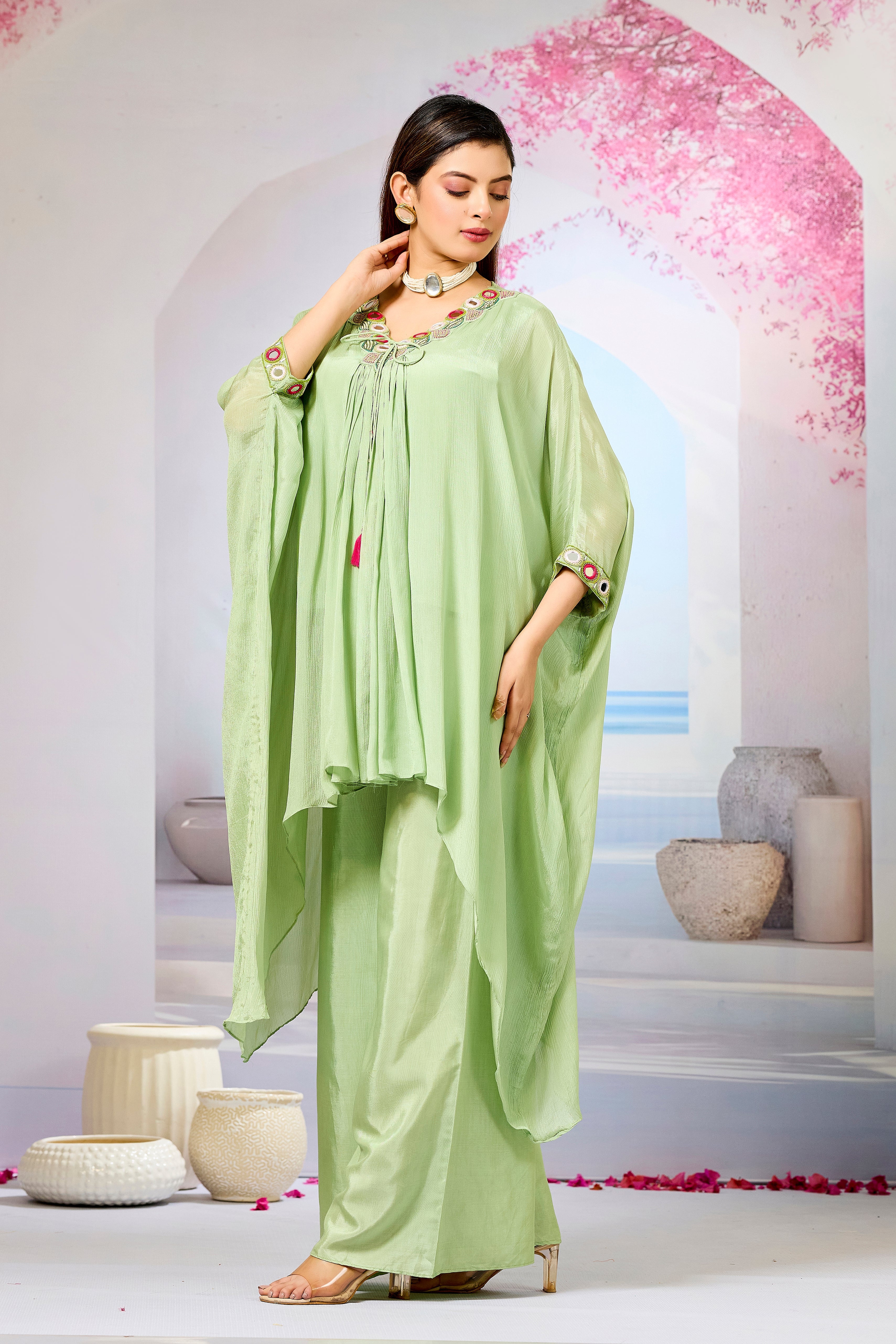 Green Embellished Chinon Silk Kaftan Set