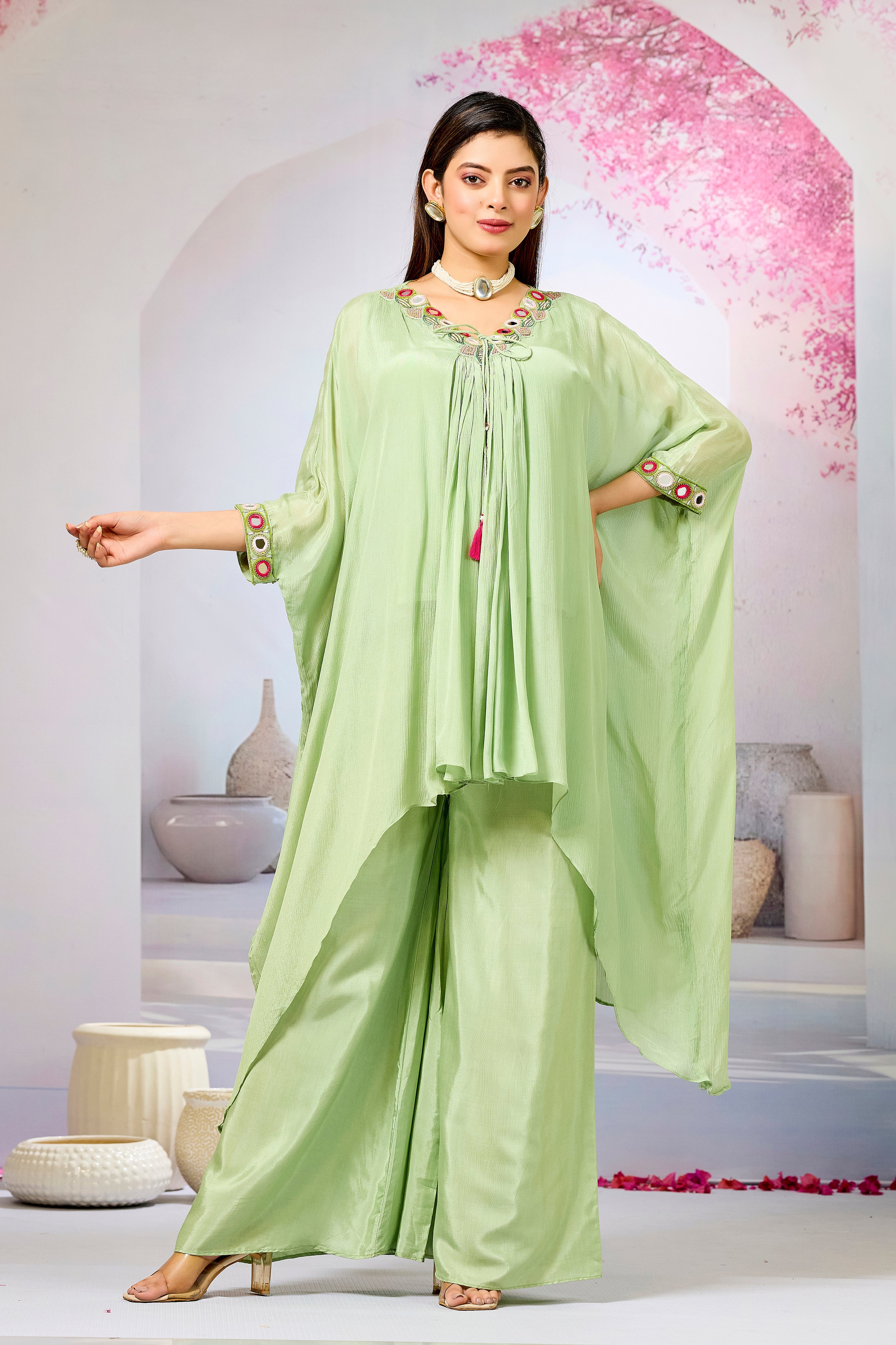 Green Embellished Chinon Silk Kaftan Set