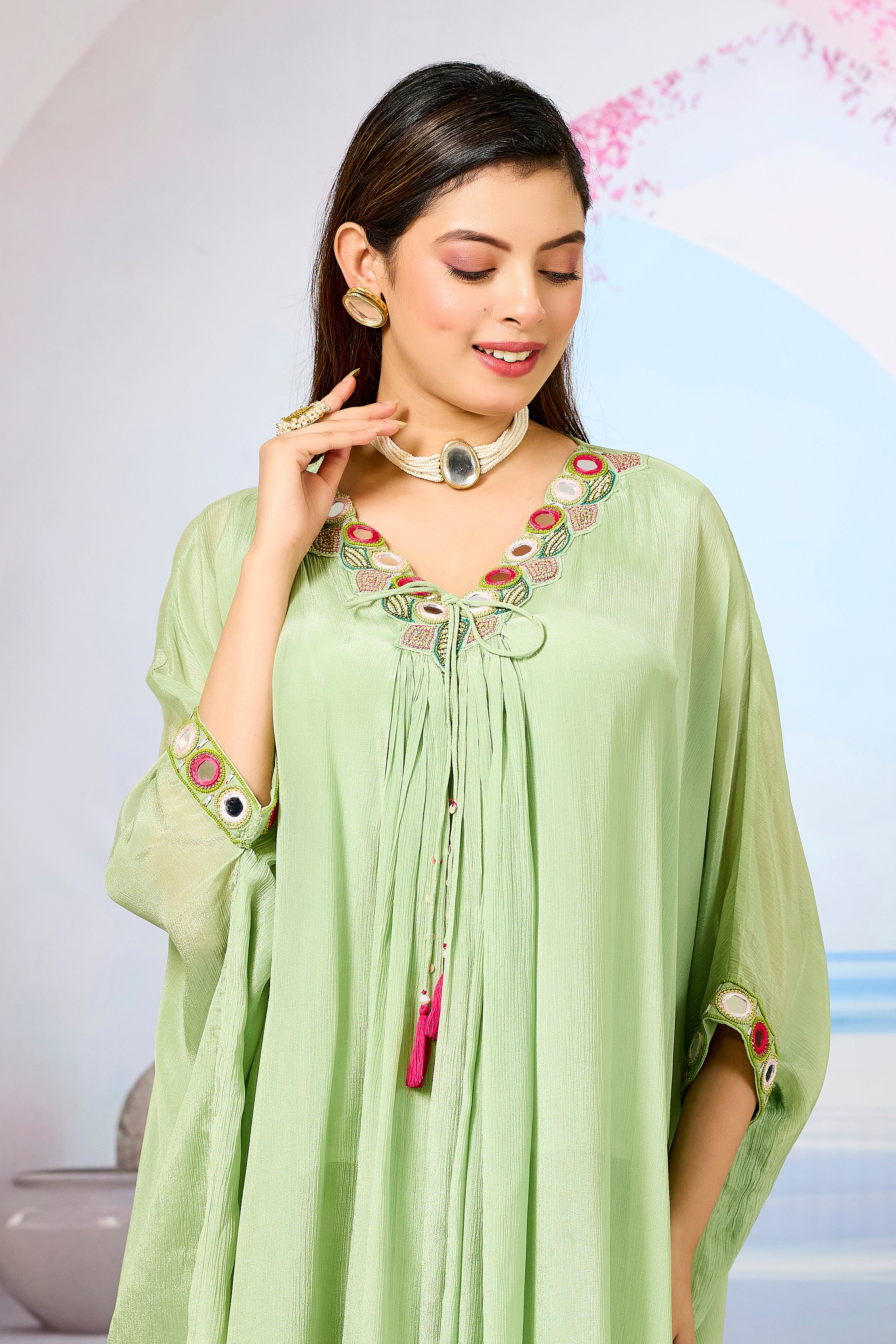 Green Embellished Chinon Silk Kaftan Set
