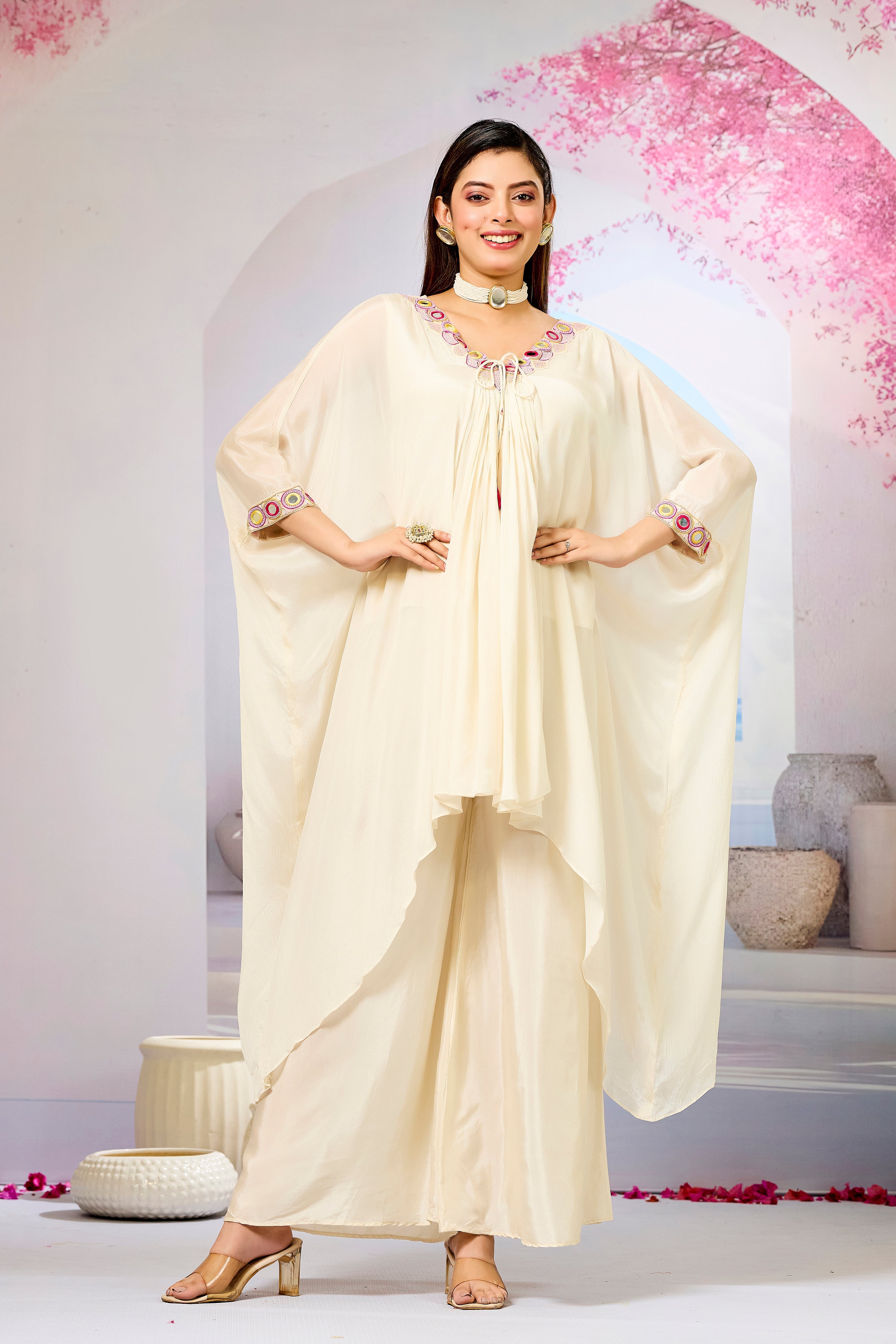 Cream Embellished Chinon Silk Kaftan Set