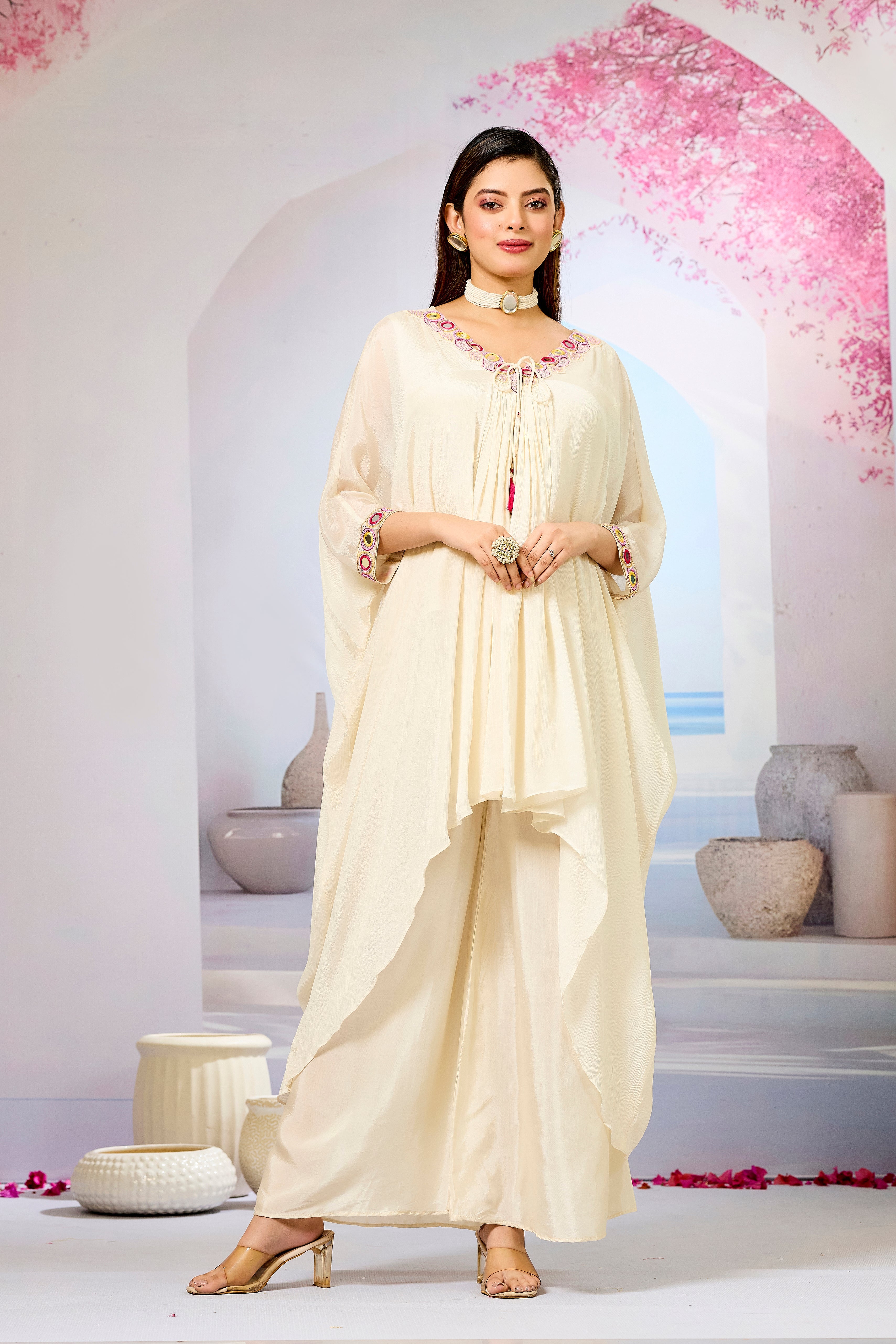 Cream Embellished Chinon Silk Kaftan Set