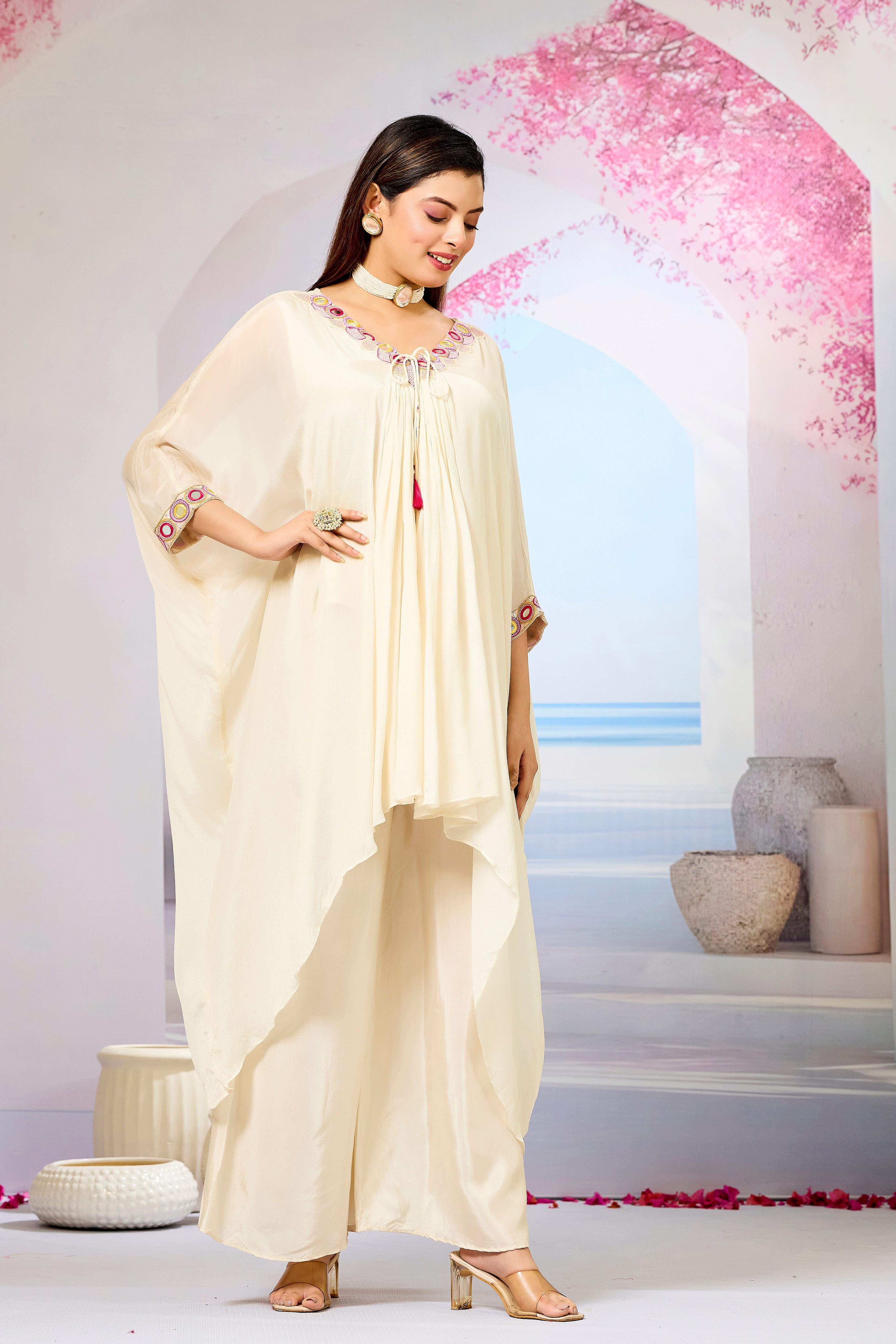 Cream Embellished Chinon Silk Kaftan Set