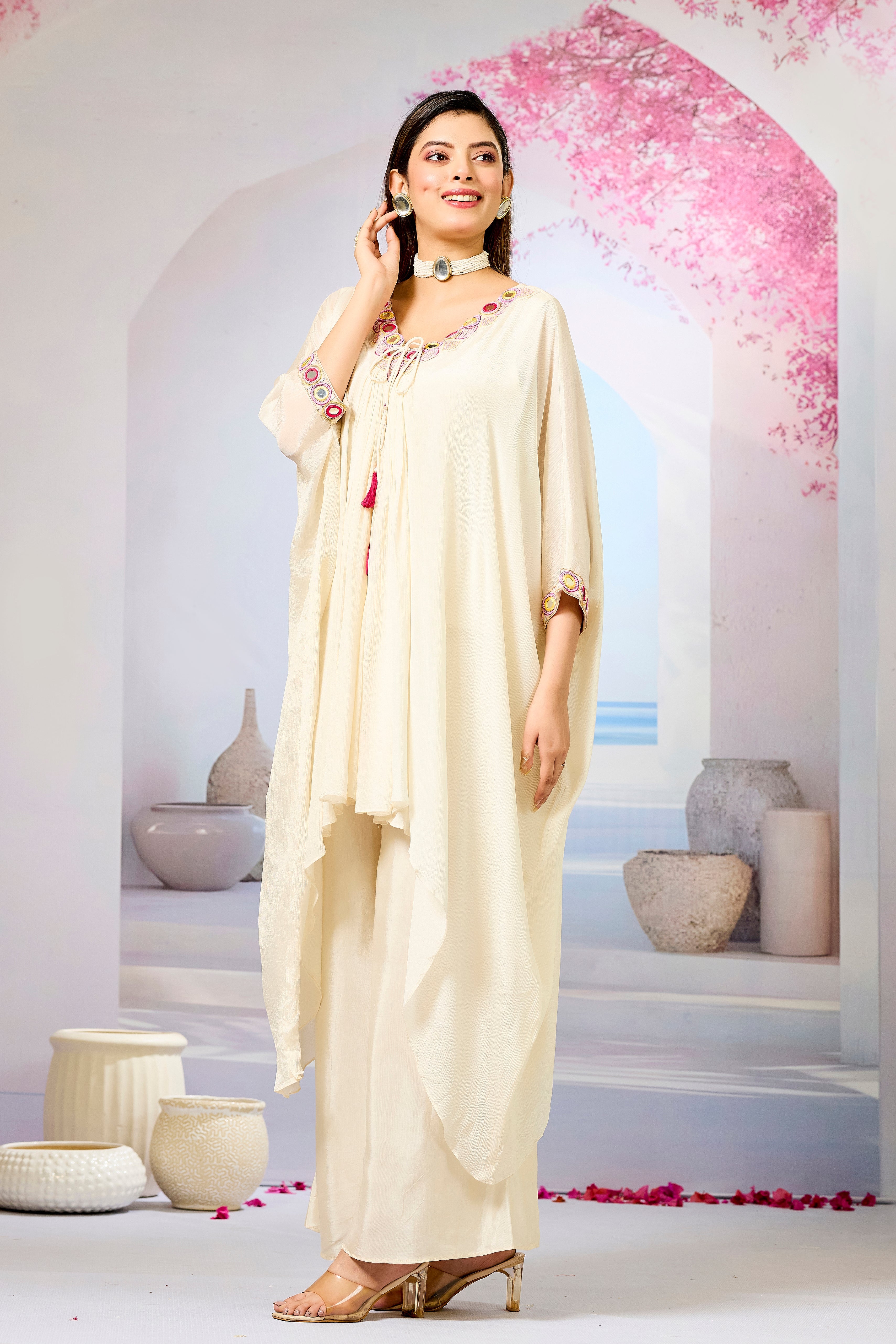 Cream Embellished Chinon Silk Kaftan Set