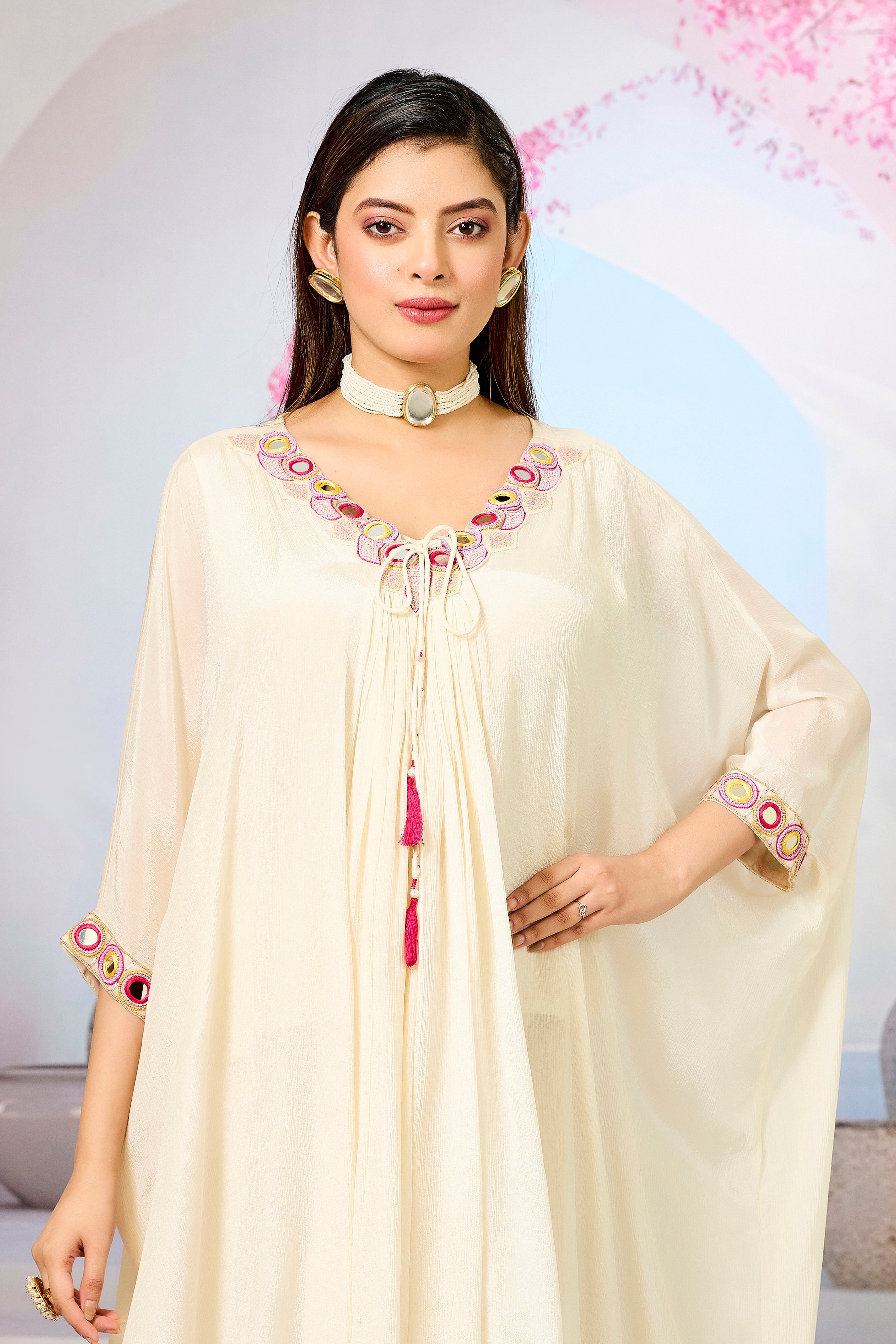 Cream Embellished Chinon Silk Kaftan Set