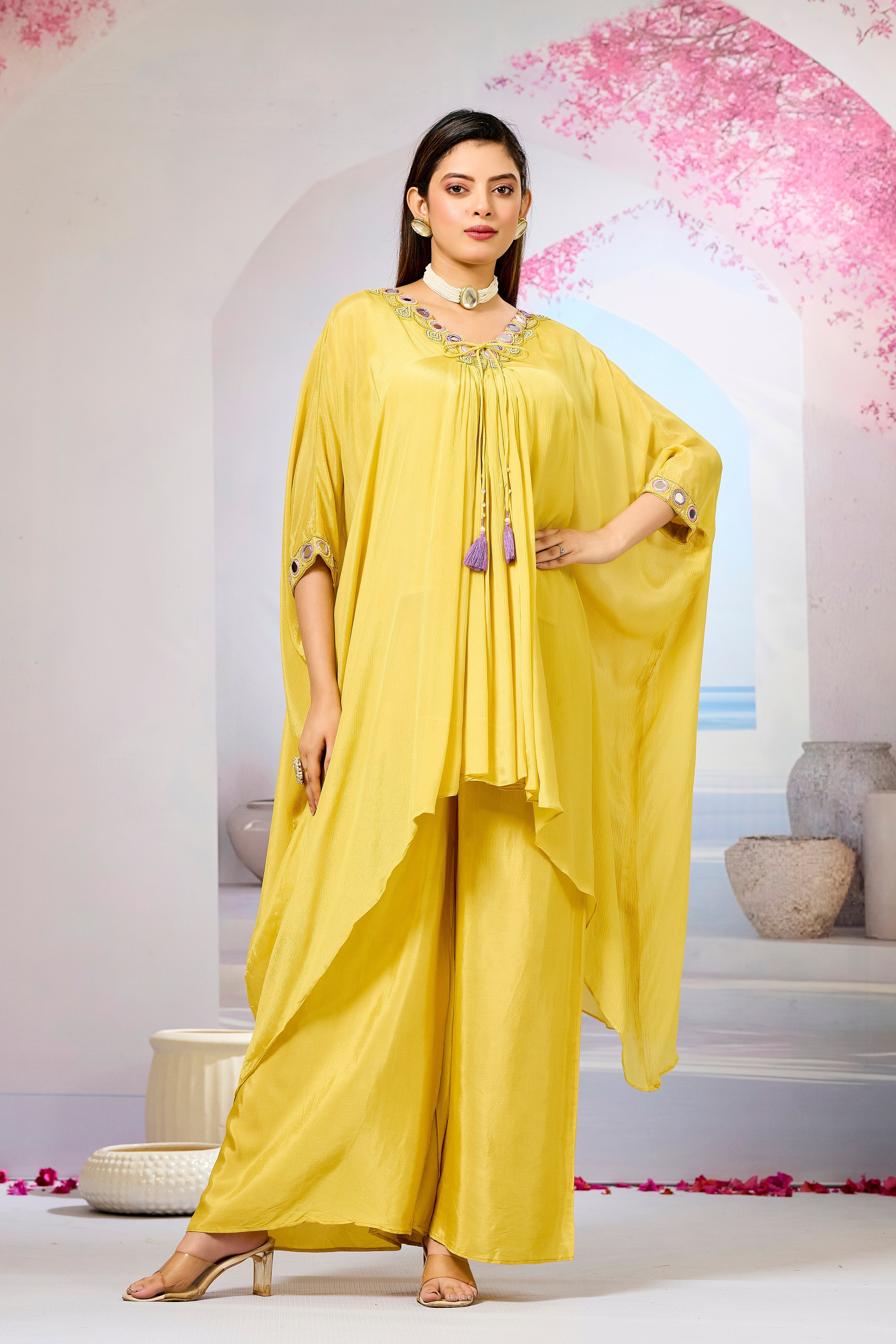 Yellow Embellished Chinon Silk Kaftan Set