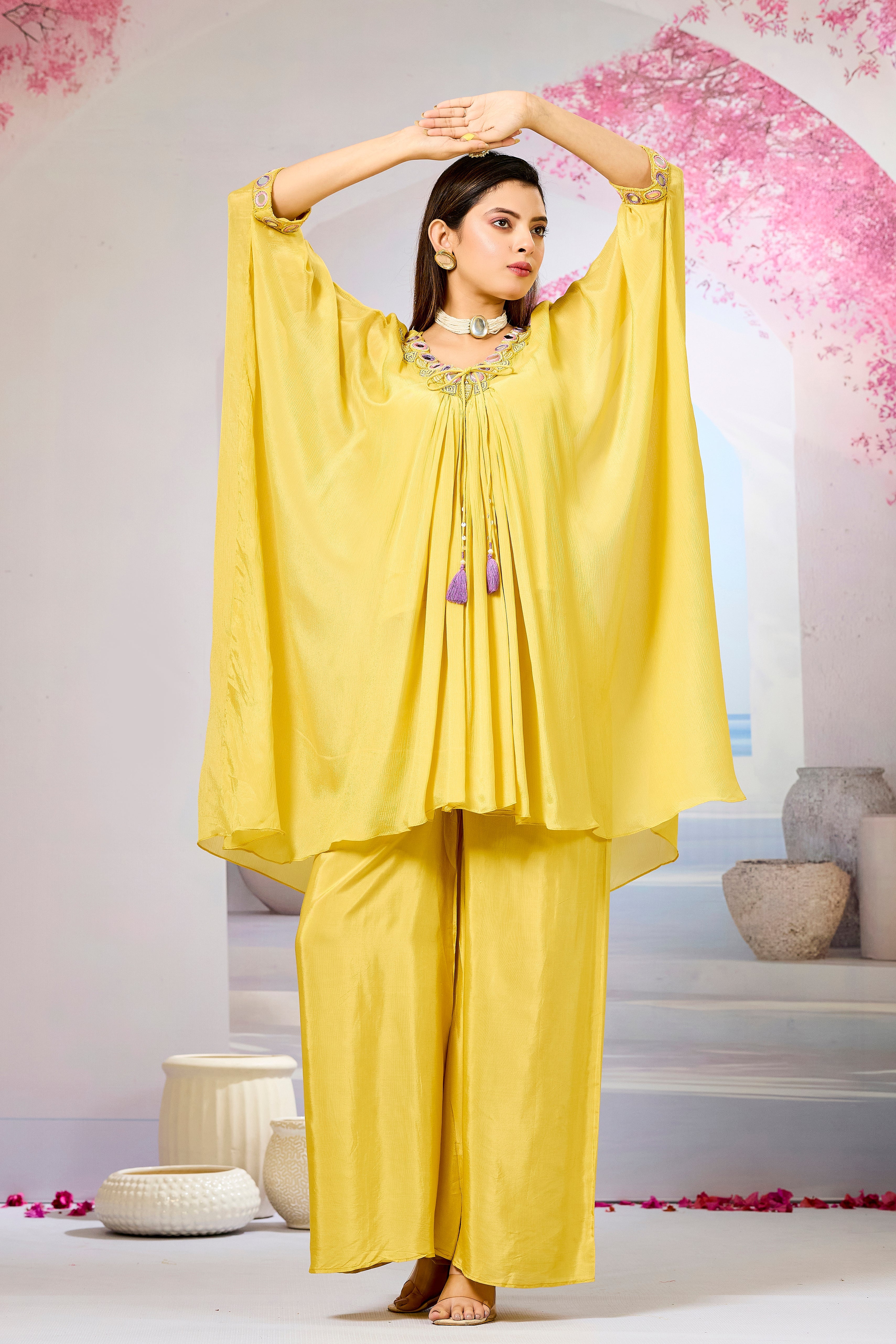 Yellow Embellished Chinon Silk Kaftan Set