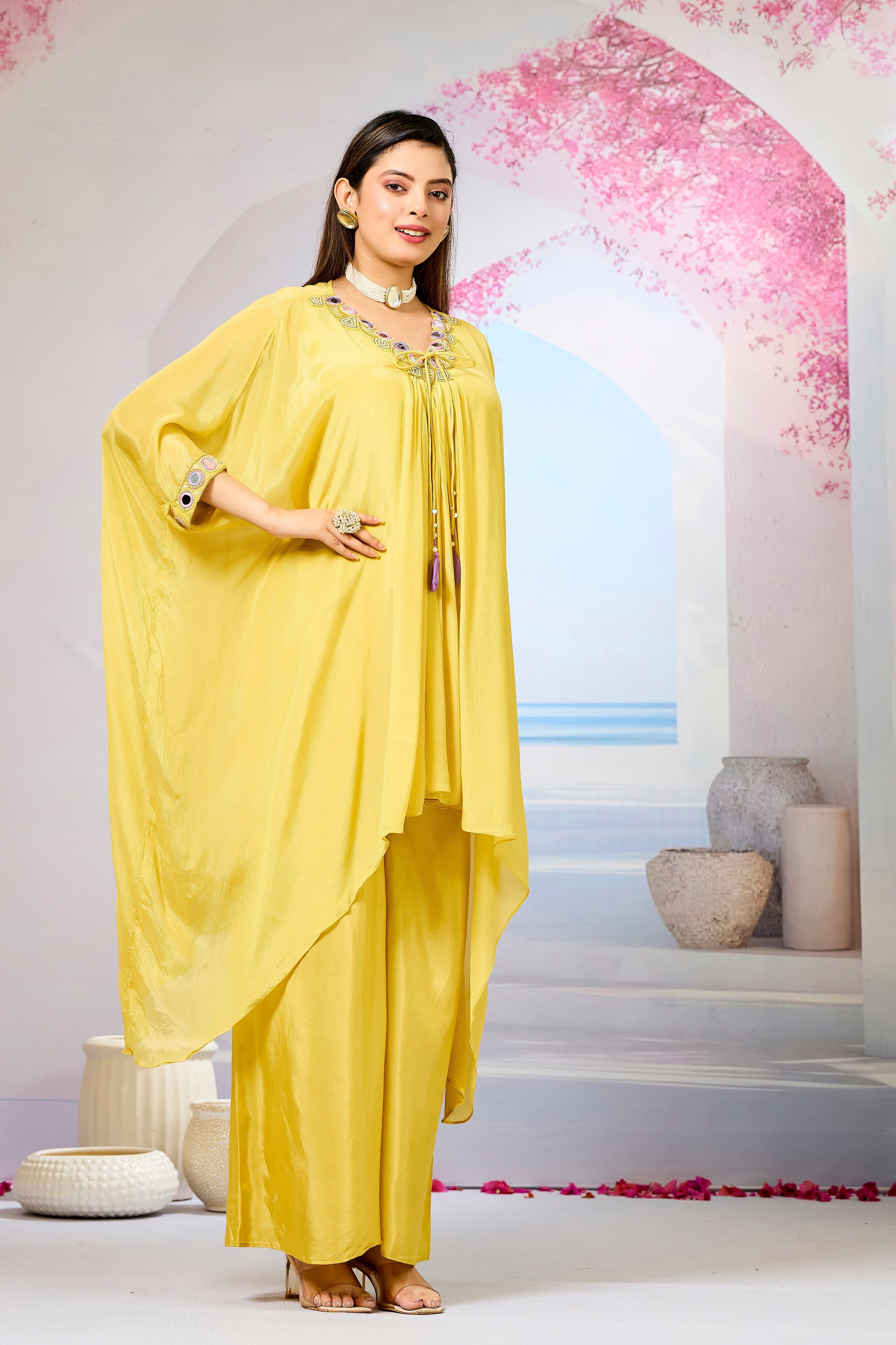 Yellow Embellished Chinon Silk Kaftan Set