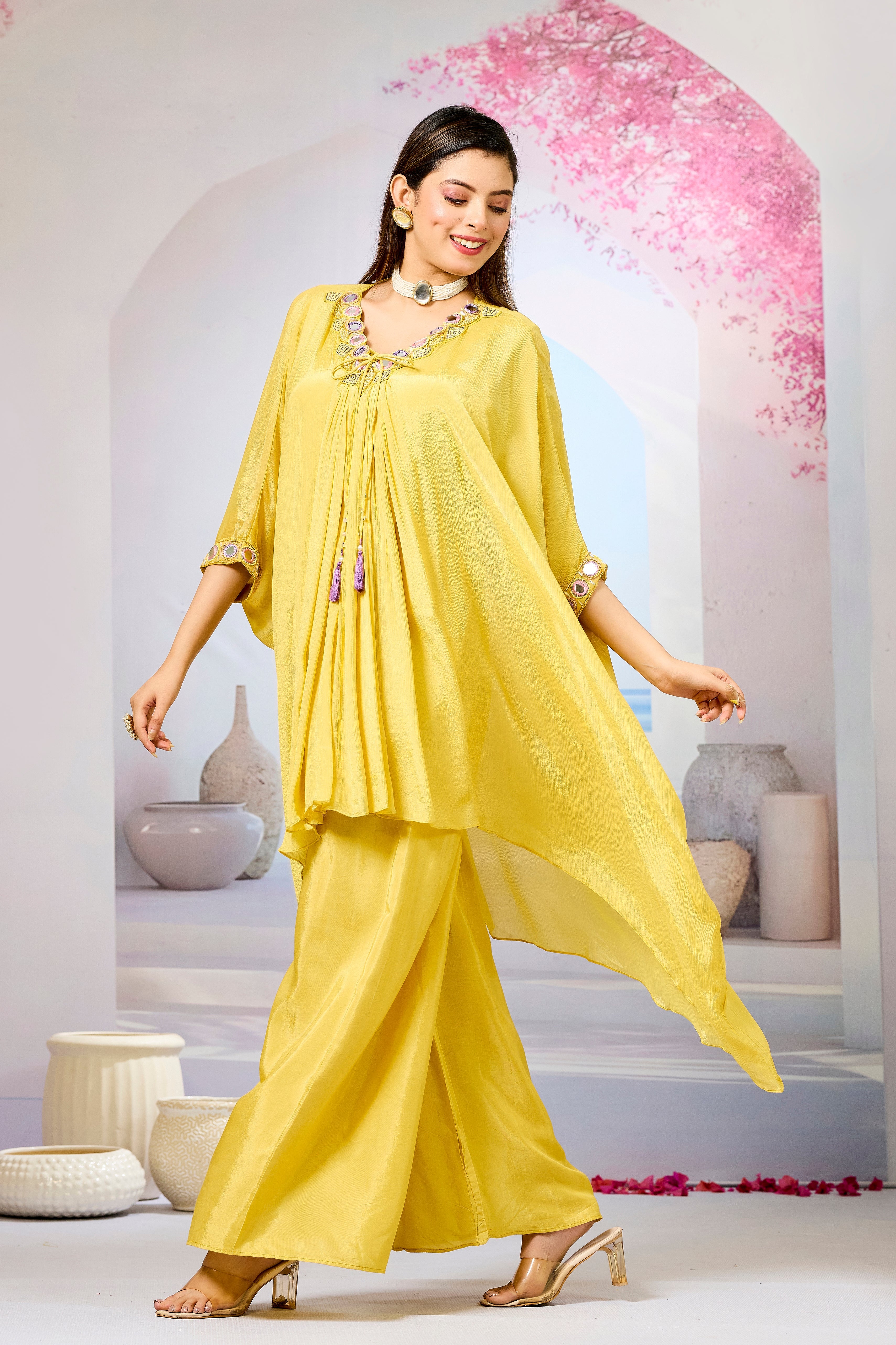 Yellow Embellished Chinon Silk Kaftan Set