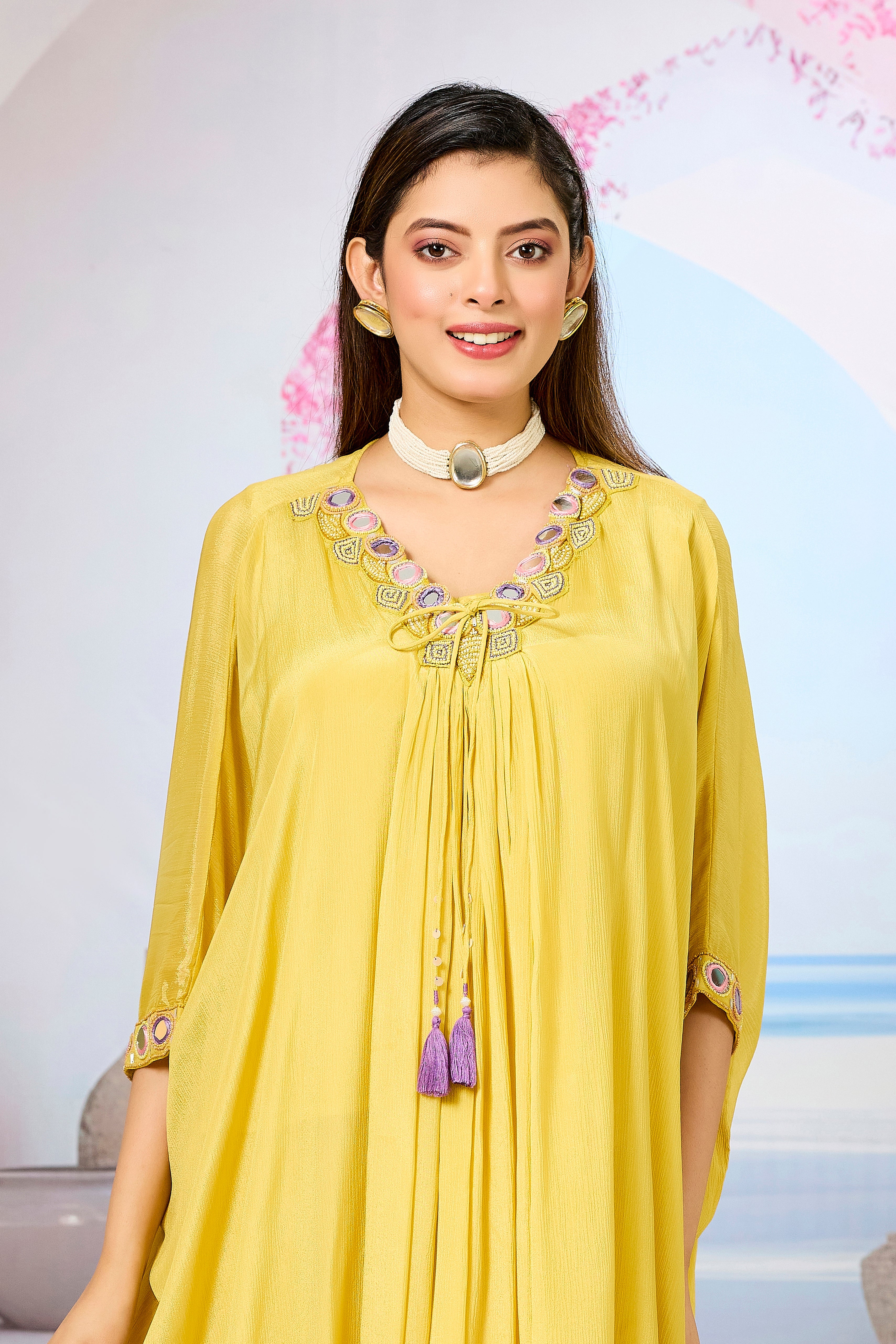 Yellow Embellished Chinon Silk Kaftan Set