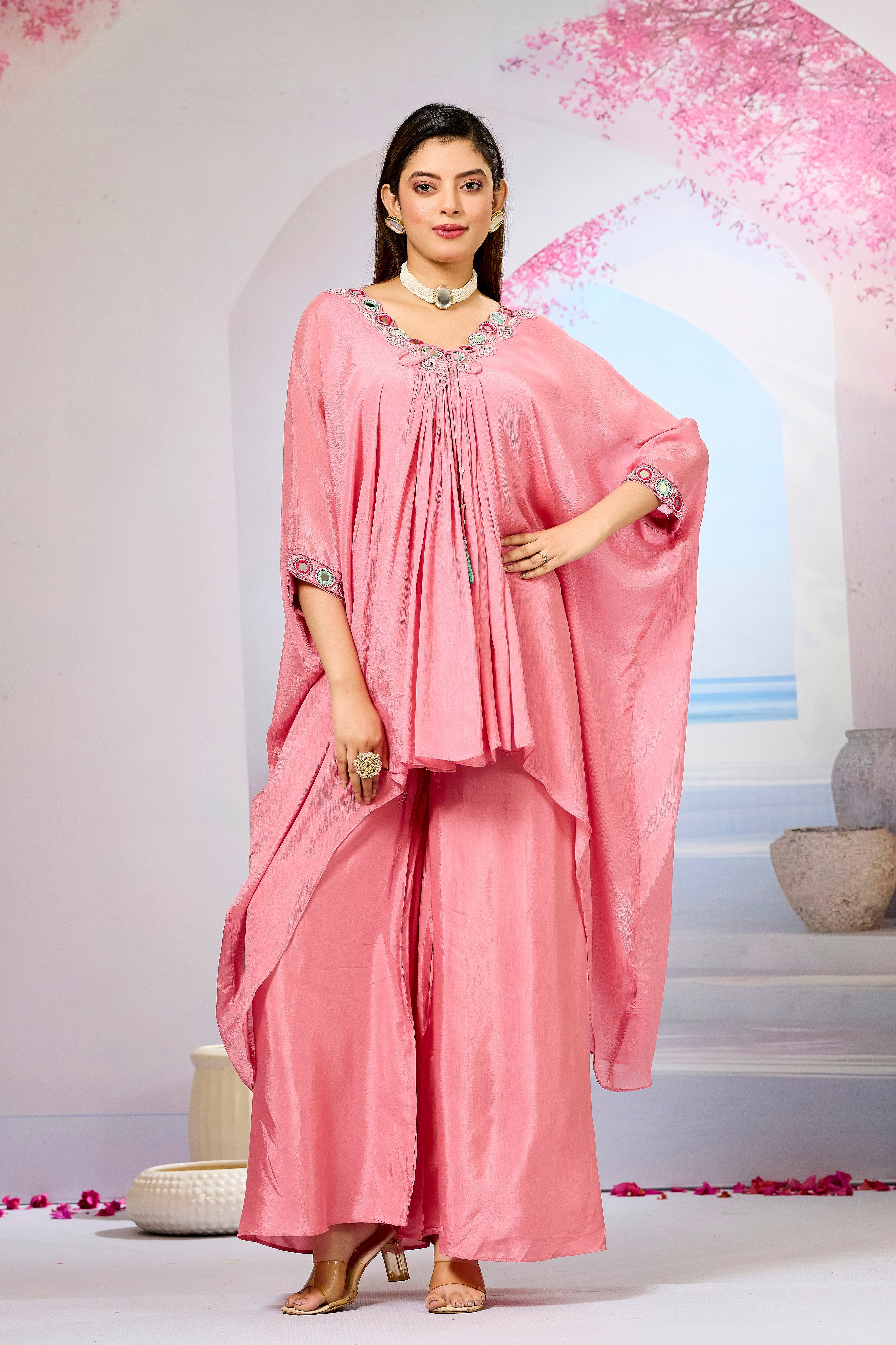 Pink Embellished Chinon Silk Kaftan Set