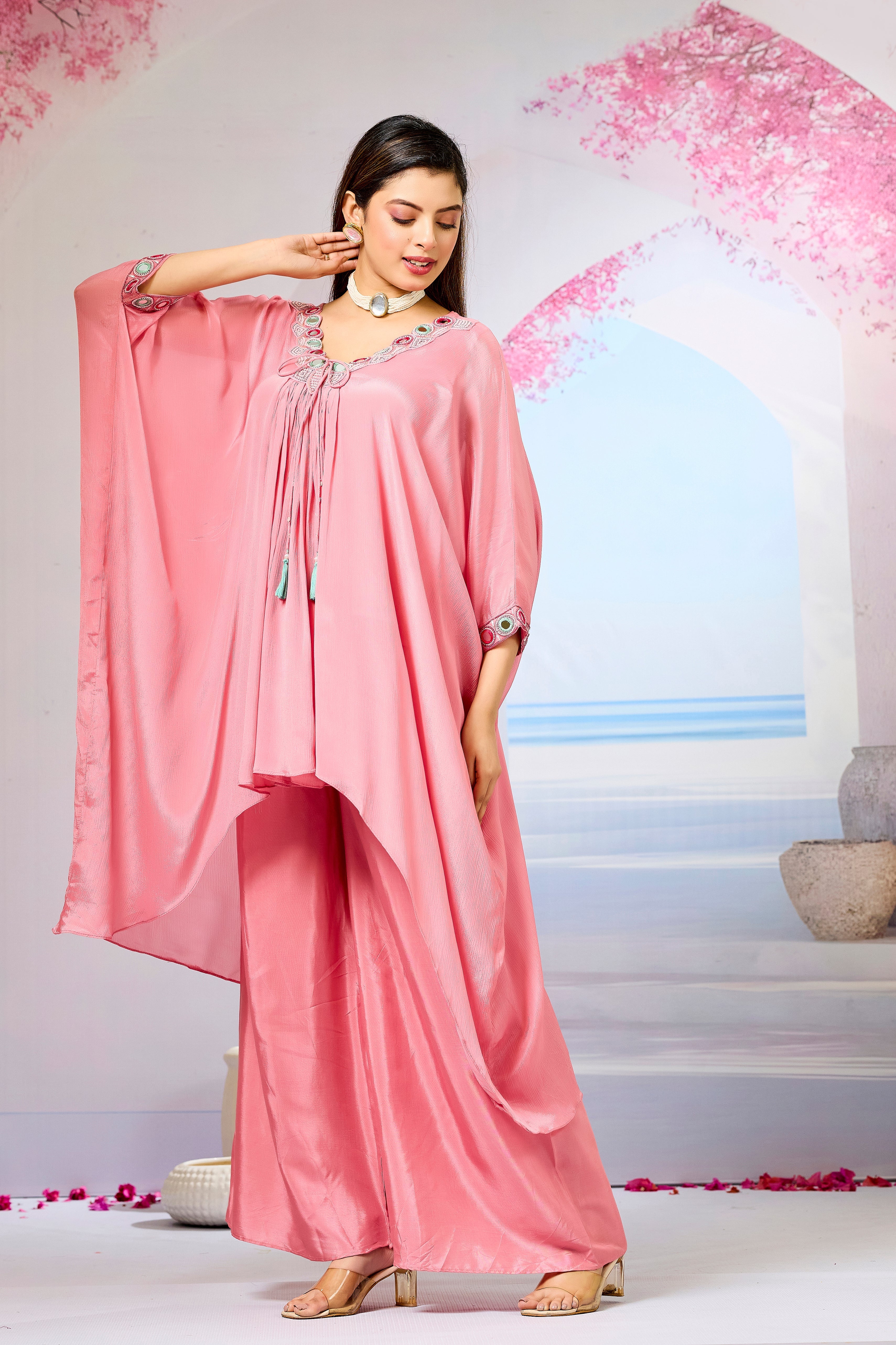 Pink Embellished Chinon Silk Kaftan Set