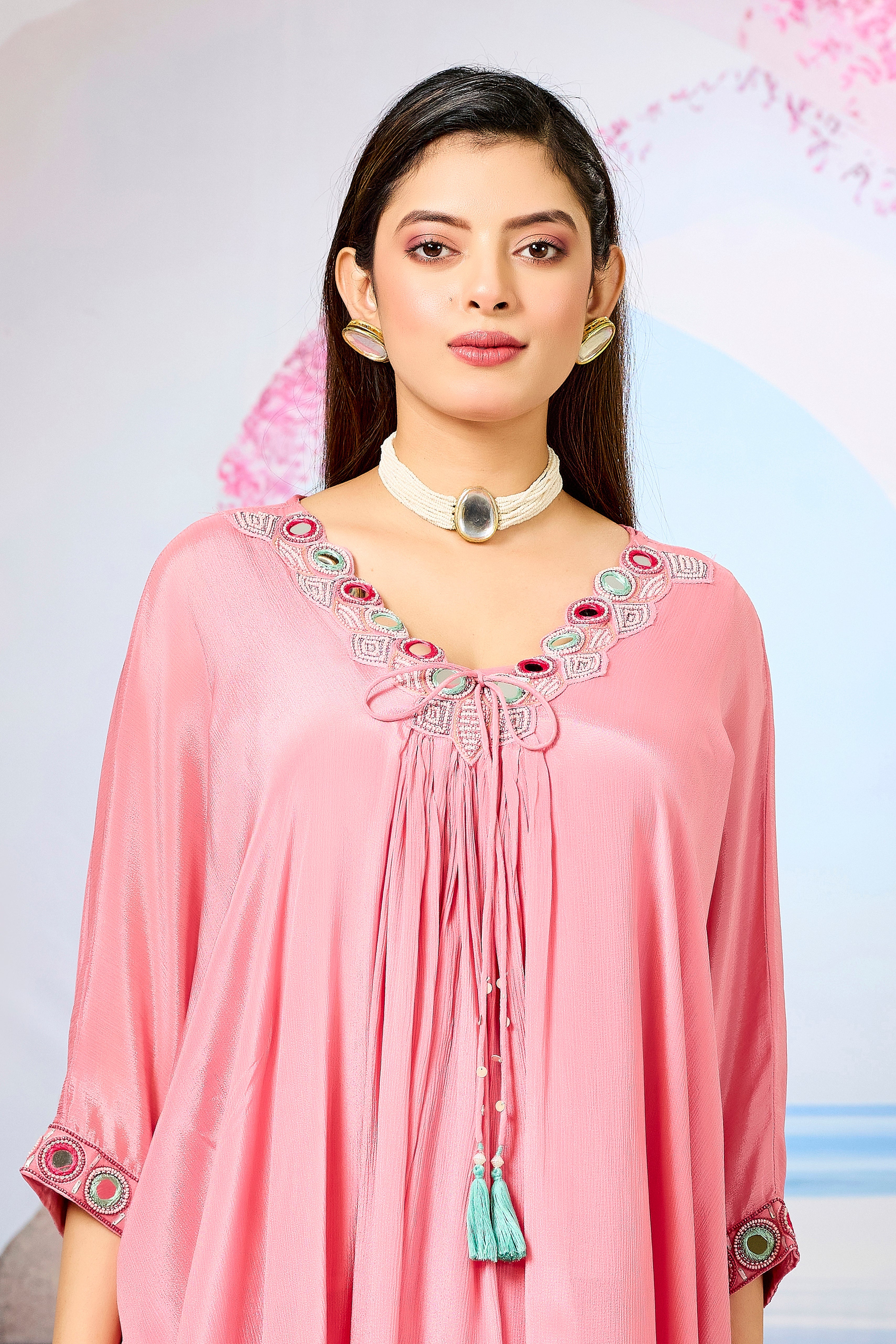 Pink Embellished Chinon Silk Kaftan Set
