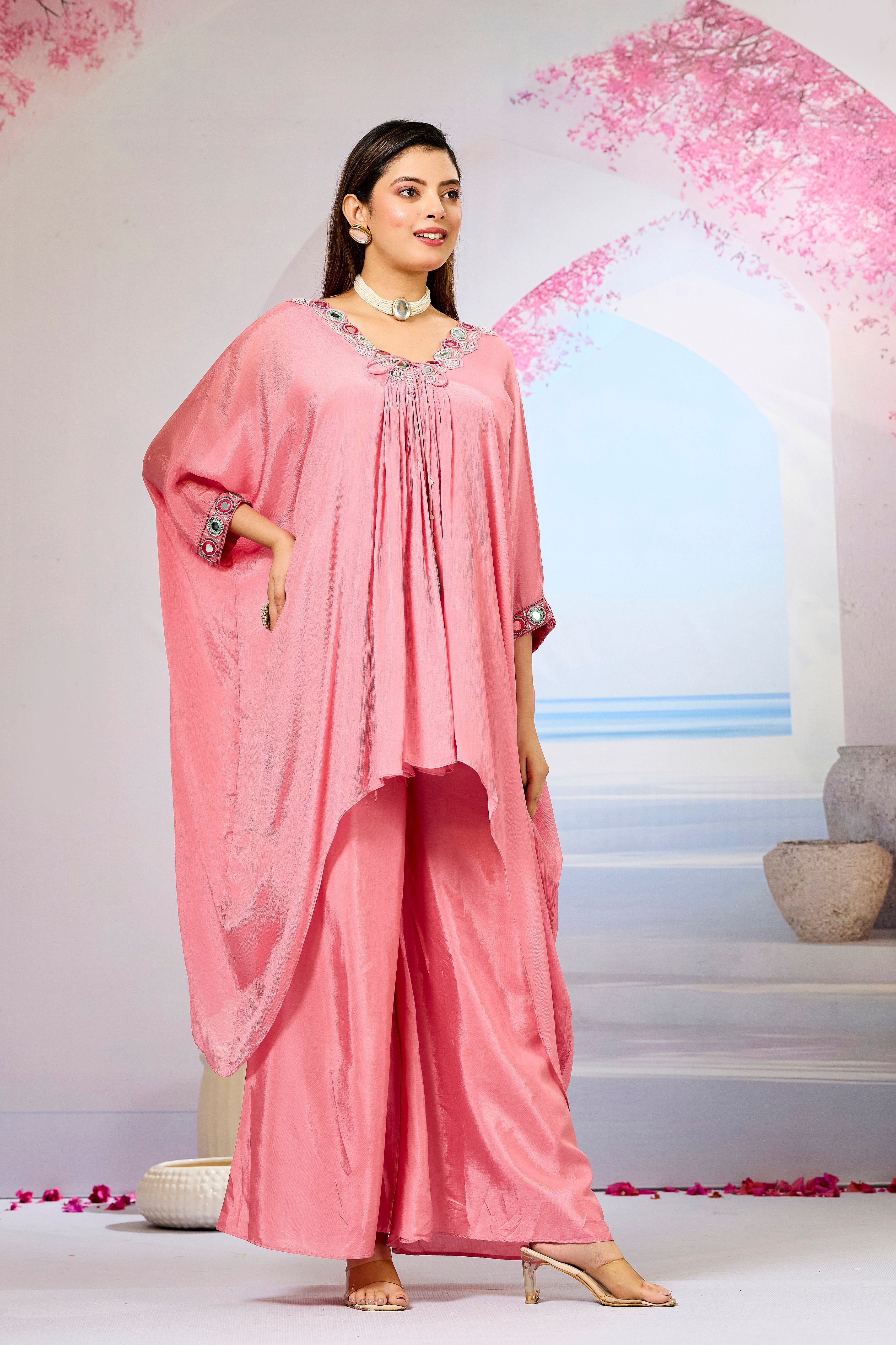 Pink Embellished Chinon Silk Kaftan Set