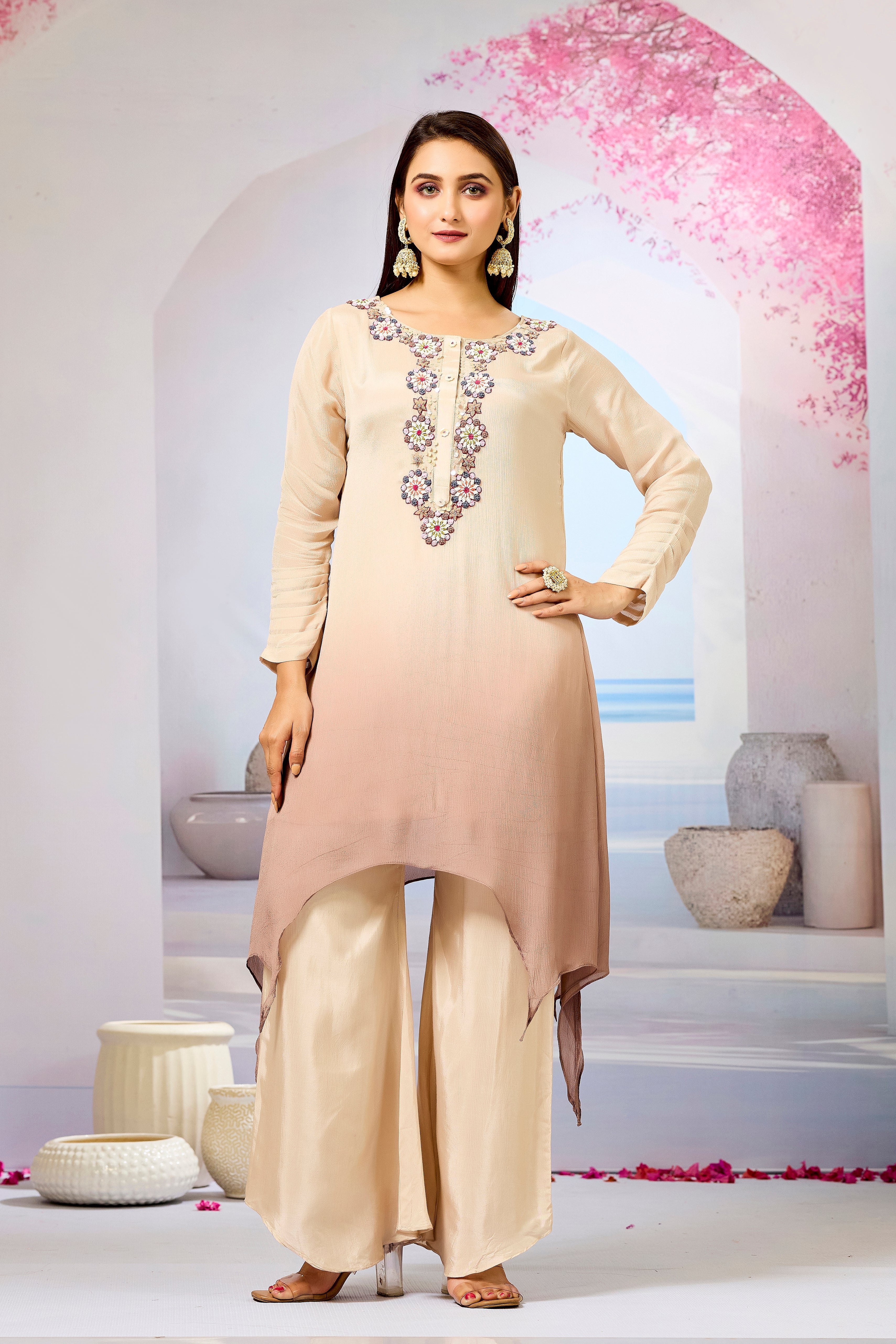 Beige Ombre-Dyed Chinon Silk Palazzo Set
