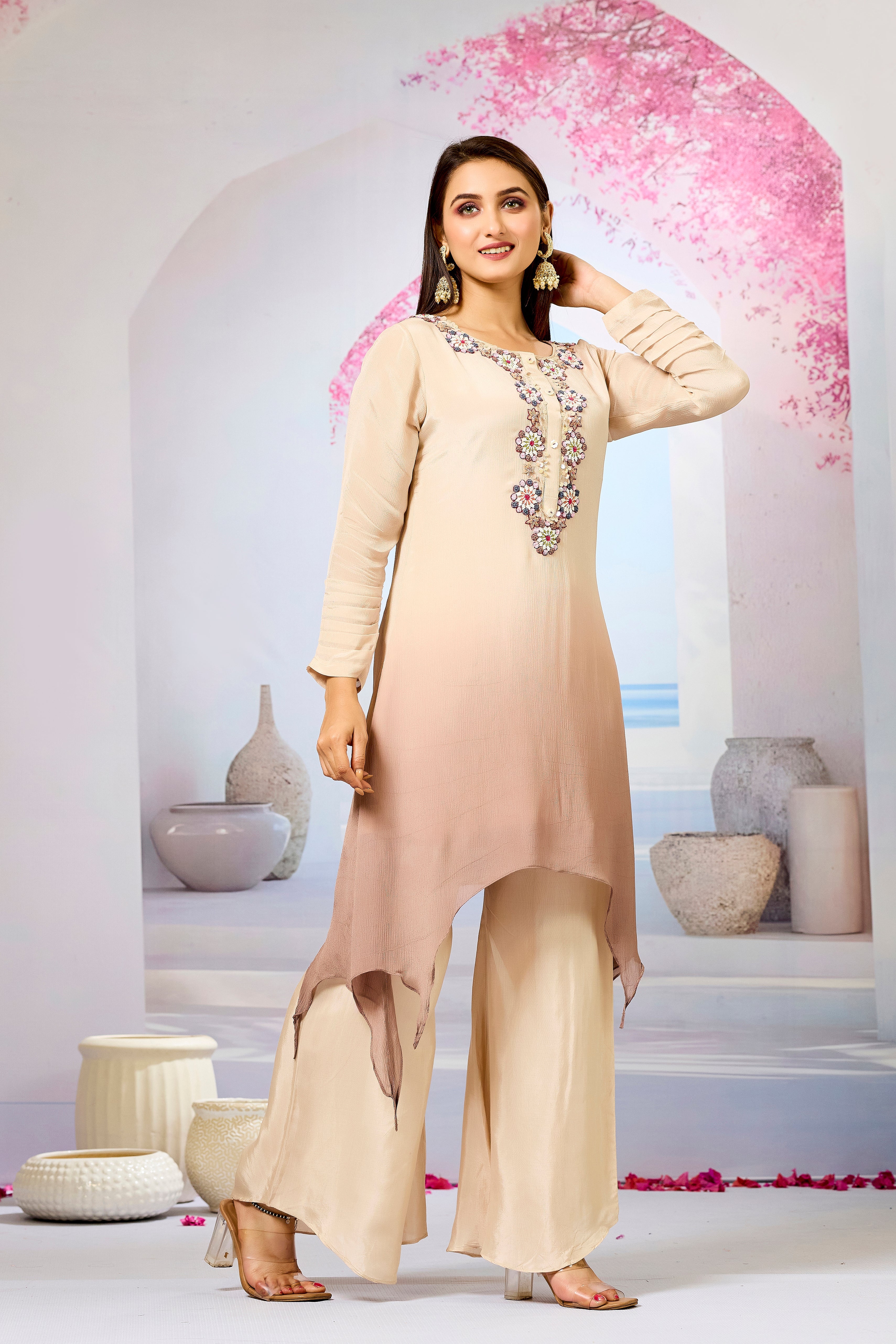Beige Ombre-Dyed Chinon Silk Palazzo Set